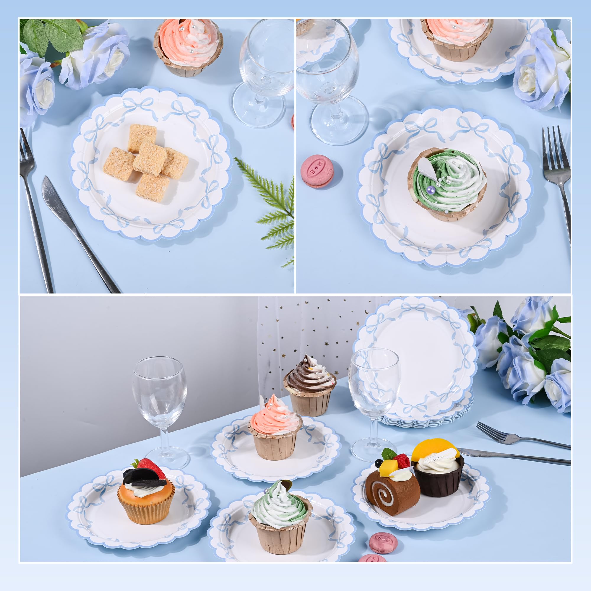 24 platos de papel con lazo azul, platos desechables para fiesta, lazo festoneado de 7 pulgadas, plato de postre para cumpleaños, novia, baby shower, vajilla de decoración de mesa