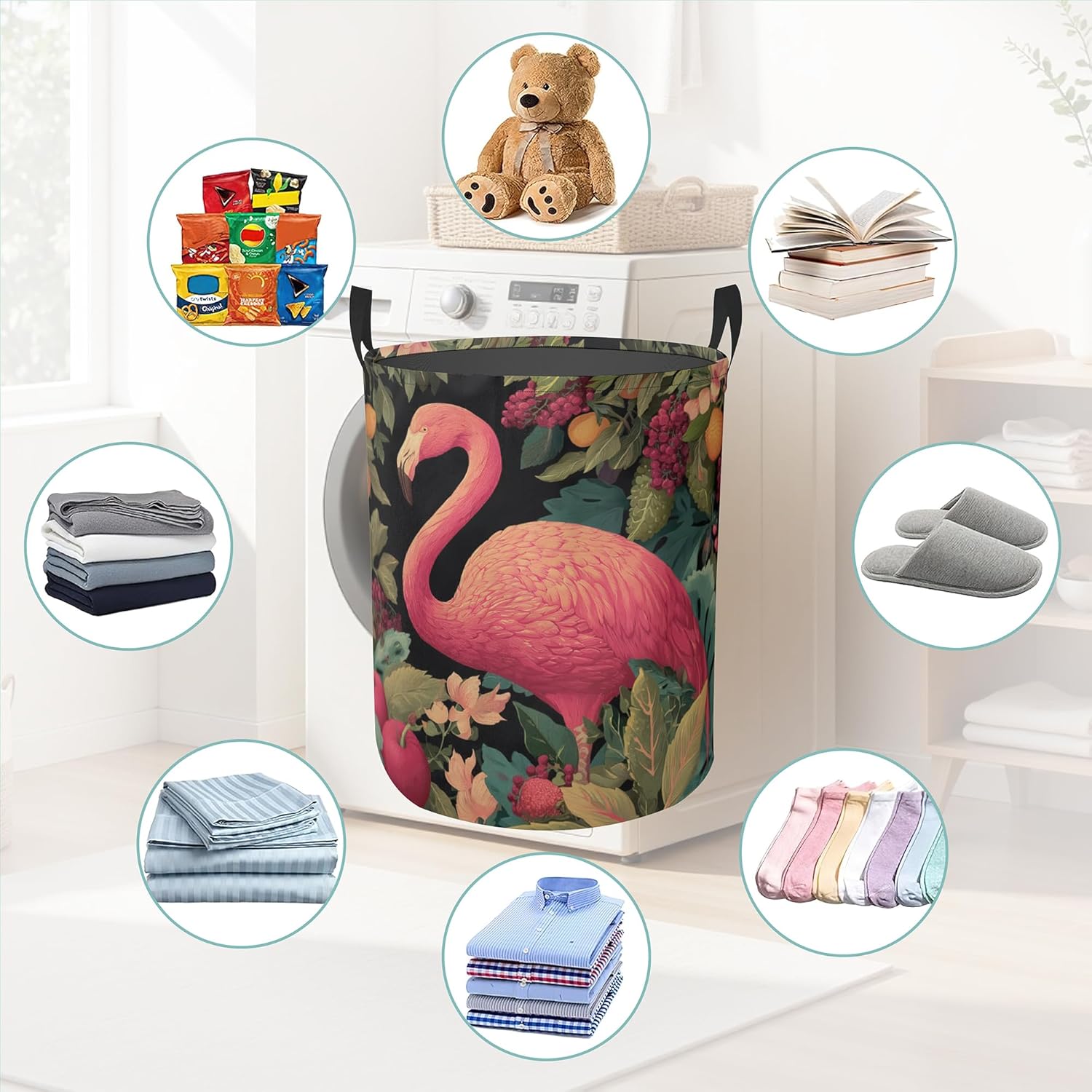 Laundry Basket With Handle, Dirty Clothes Laundry Hamper, Oxford Cloth Bin Storage Organizer for Toy Collection (Tropical Flamingo)