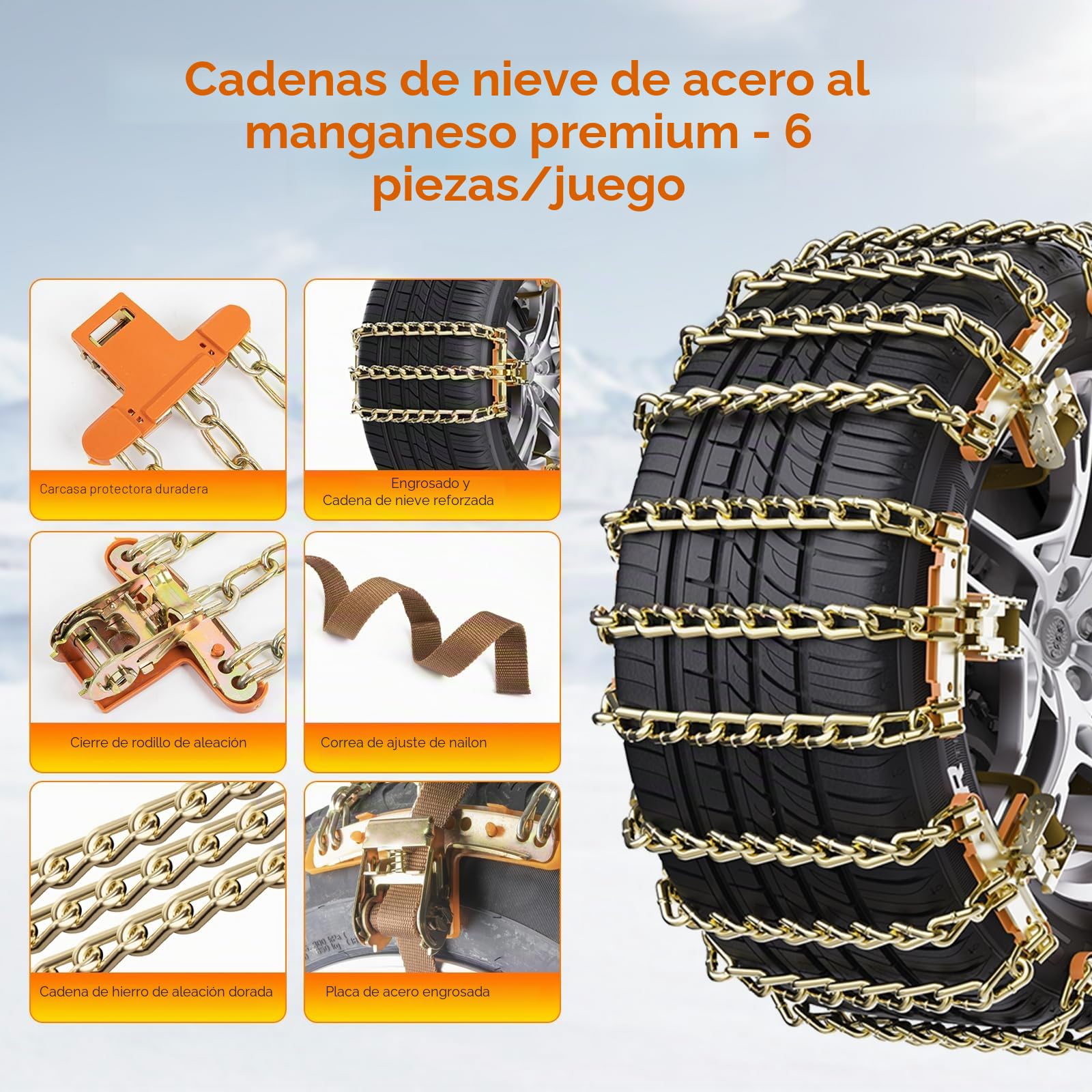 Paquete de 6 cadenas de nieve para automóviles y furgonetas, cadenas de hierro de 3 eslabones para neumáticos de 195 a 265 mm, cadenas de nieve antideslizantes resistentes para nieve y barro de