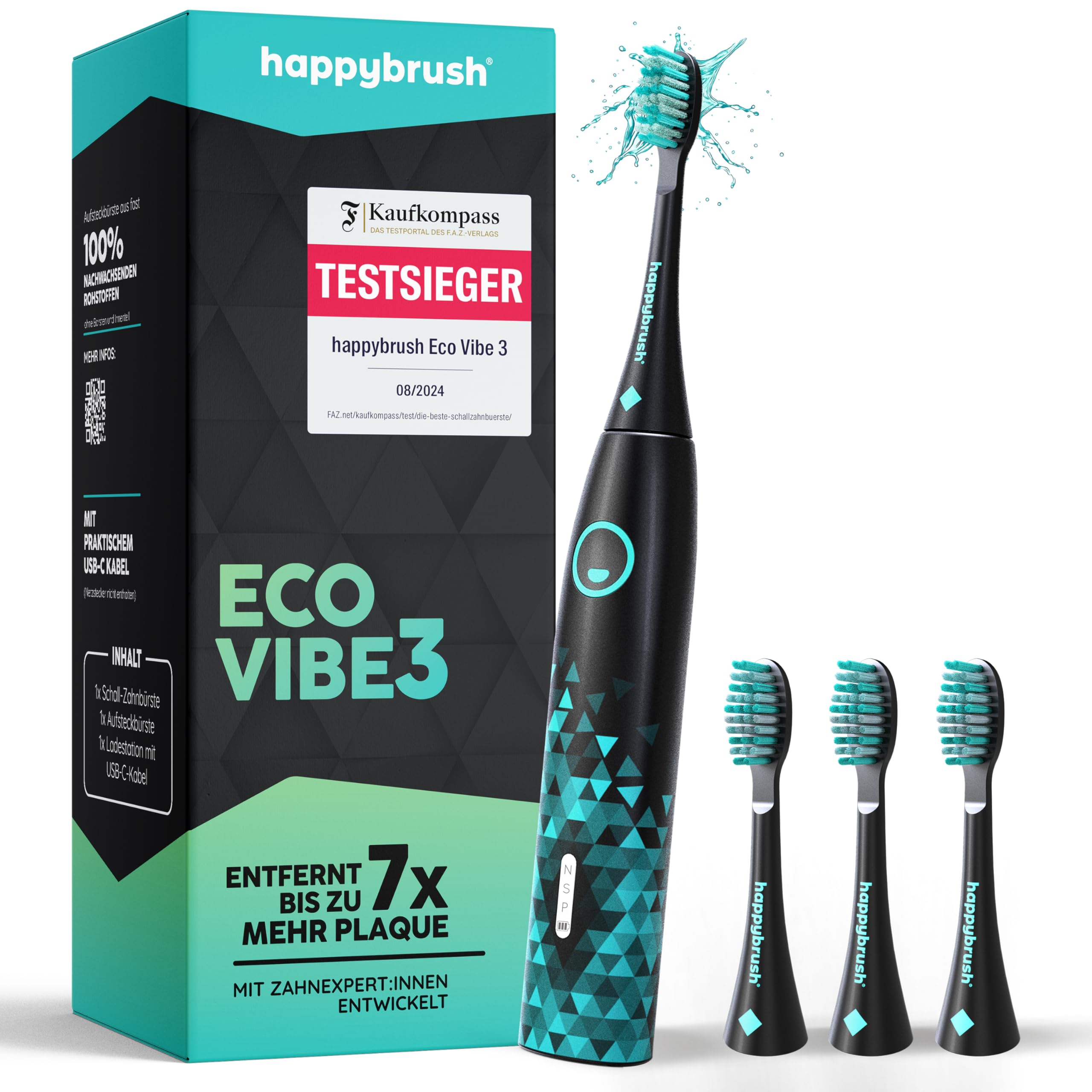 happybrush® Cepillo de dientes eléctrico sónico Eco VIBE 3 - Cepillo de dientes sostenible con batería de 6 semanas de duración, 3 cabezales y pasta de dientes - Negro/Menta
