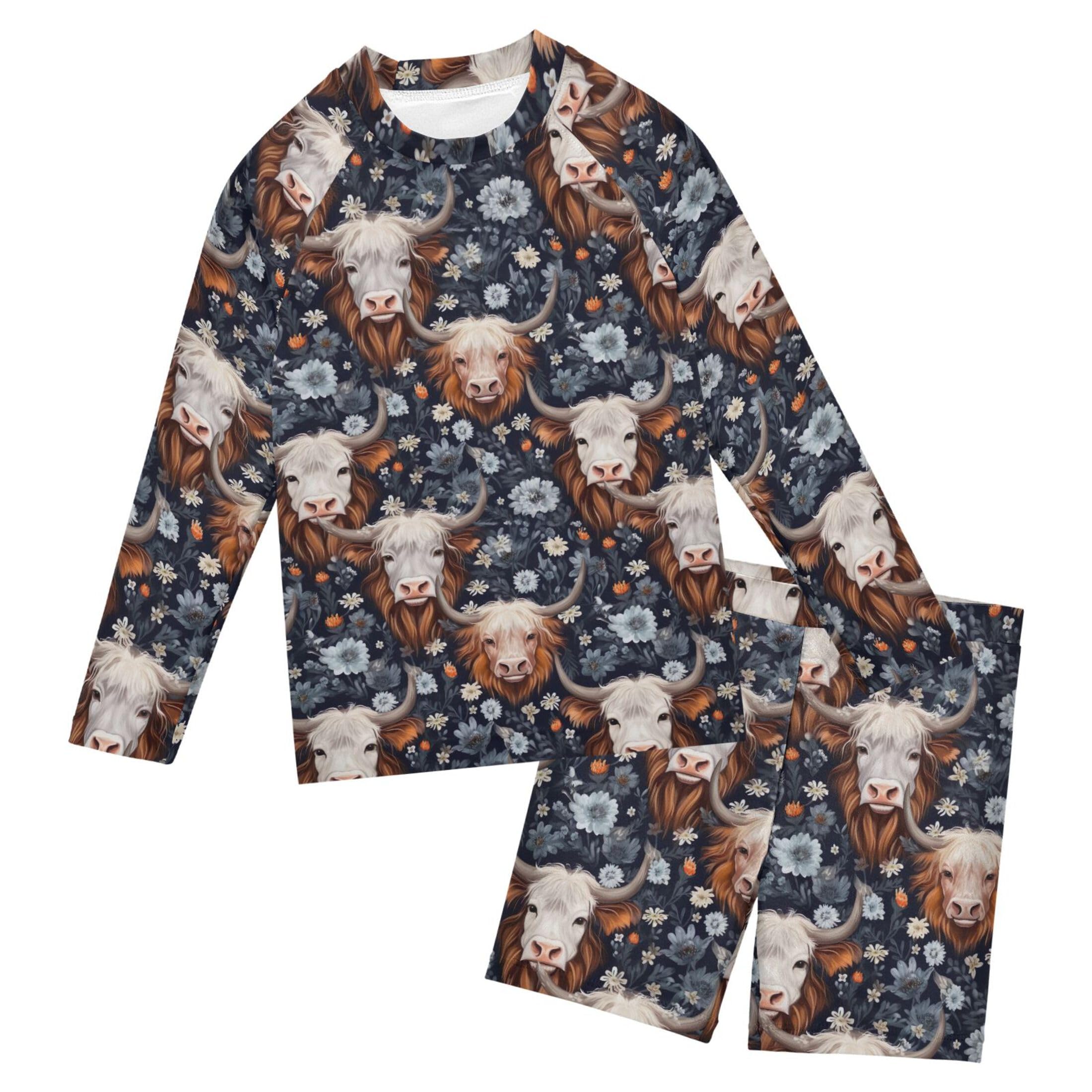 Highland Cow Flowers Animal Baby Boys' Toddler Long Sleeved Rashguard Swim Bathing Suit Set B0403269