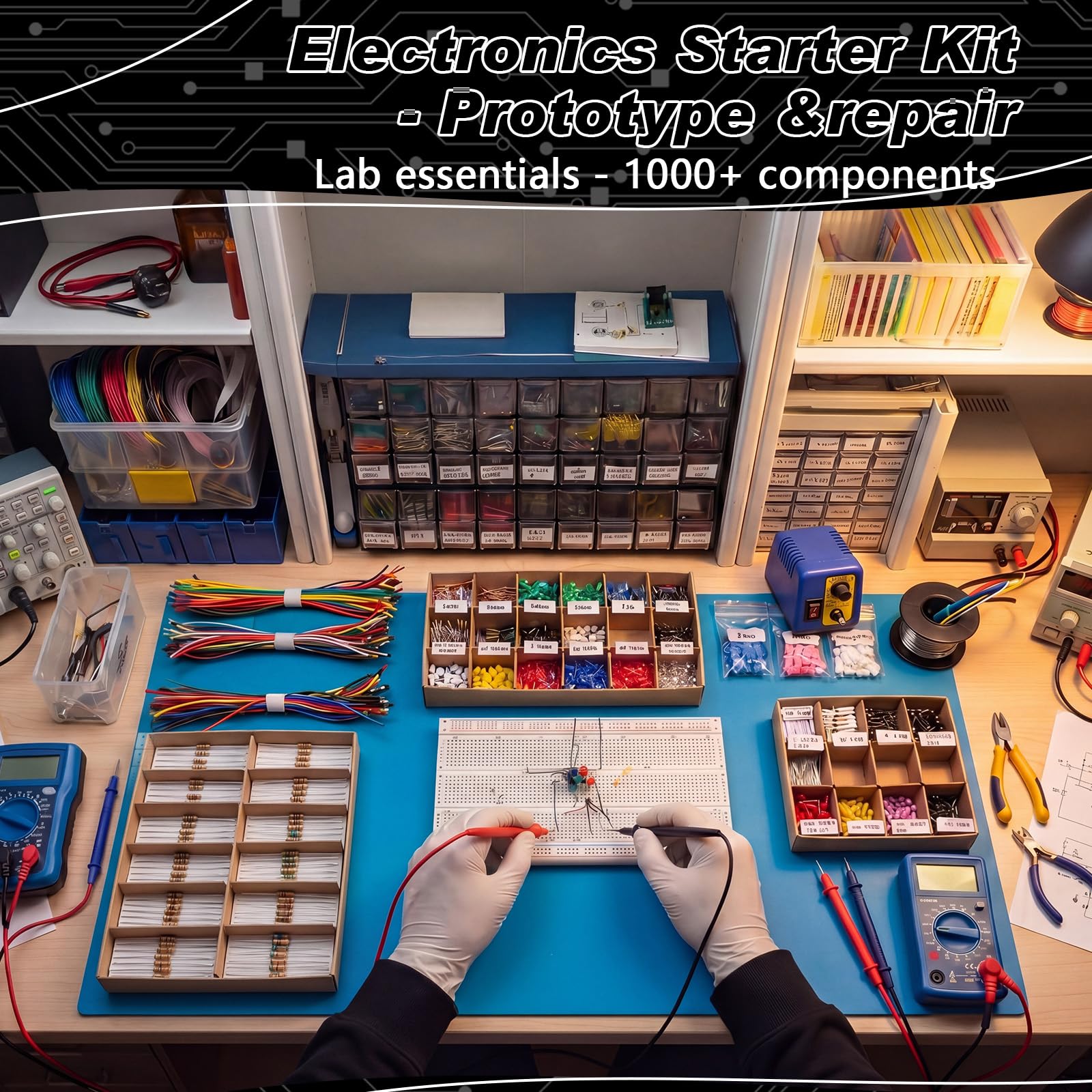 Chumia Kit de componentes electrónicos de 1324 piezas, 4 tablas de pan 830/400, 120 cables de puente de 20 cm (M/M M/F F/F), 1000 piezas de resistencia de 1/4 W 1Ω-1MΩ 5%, 200 piezas LED de 3 mm, 10