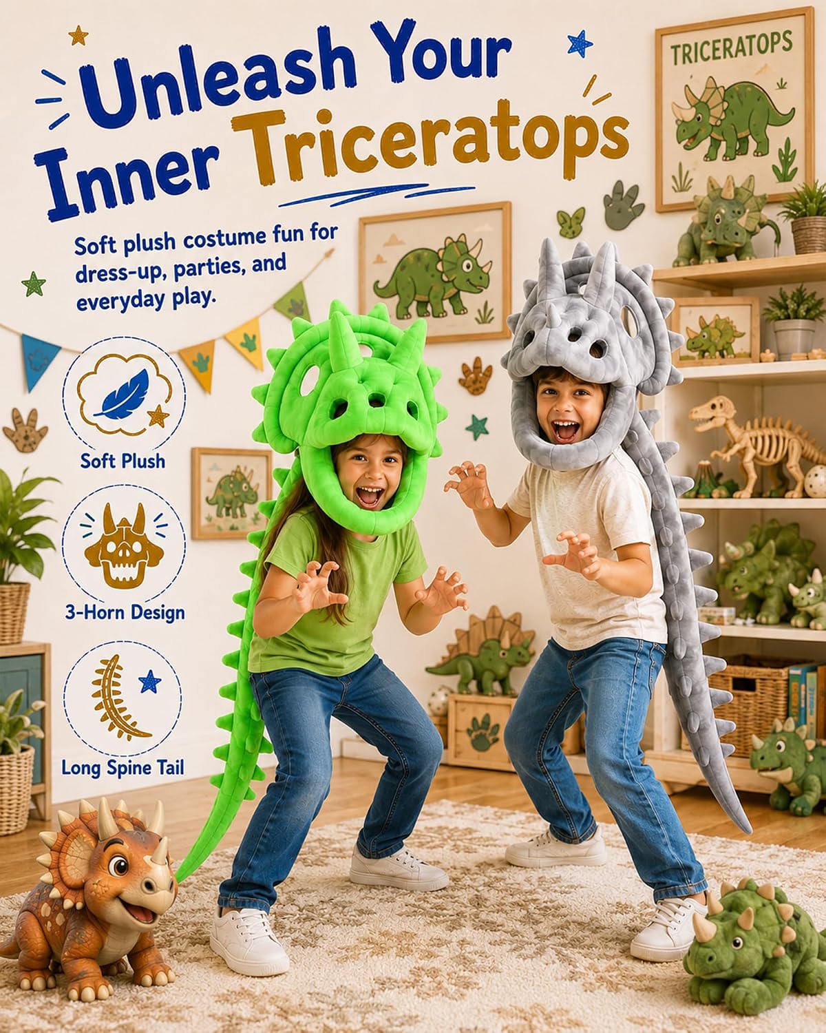 Dinosaur Skeleton Costume for Kids-Dino Toys for Kids 5-7 3-5 Year | 3D Realistic Triceratops Head and Bones ,Cozy Plush with Skull & Spine,Themed Cosplay Props for Parties & Halloween
