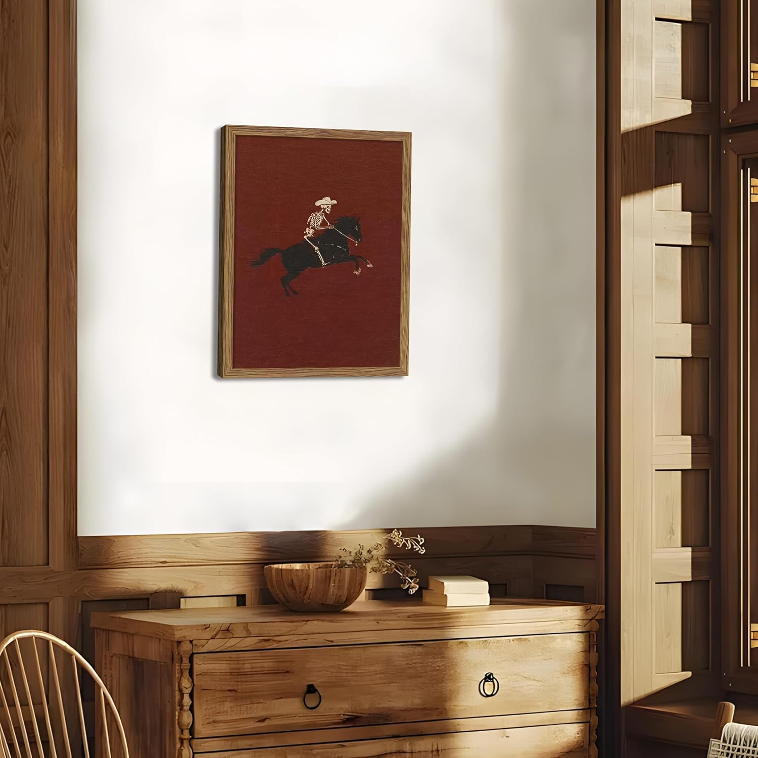 Framed Western Cowboy Wall Art, Gothic Skull Horse Riding Canvas Wall Decor Painting, Vintage Southwestern Cowboy Posters Prints Pictures for Living Room Bedroom 16x24 Inch Skeleton Riding a Horse Framed 24"L x 16"W