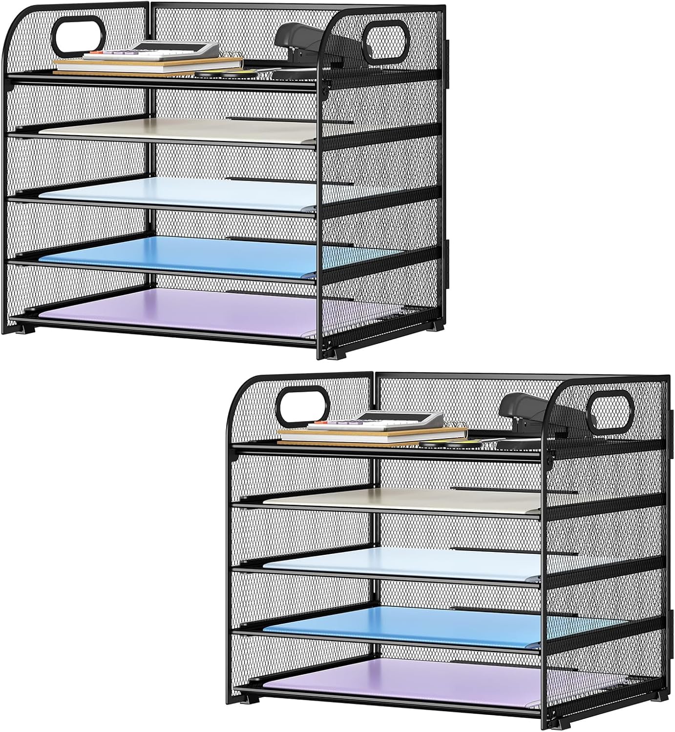 Paper Organizer Letter Tray with Handle Mesh 5 Trays Desk File Organizer Paper Sorter Desk Organizer for Office, Home or School-Black 2 Pack