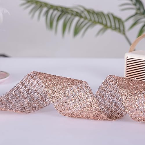Miniatura 4 de CSZD RIBBON Cinta de malla metálica con purpurina elástica de oro rosa con alambre de 2.5 a 7 pulgadas de ancho para árbol de Navidad, decoración