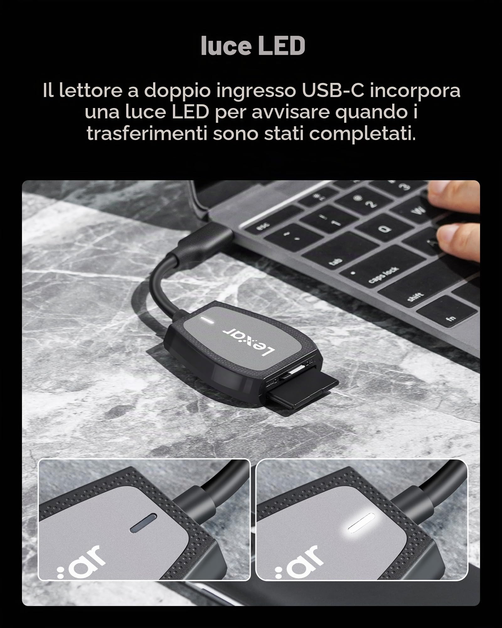 Lexar Lettore a doppia fessura Professional con connettore USB-C per schede SD e microSD UHS-I, nero