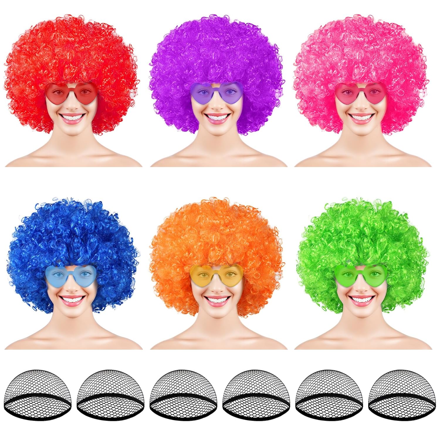 PLULON 6 Pack Colored Afro Wig with Heart Sunglasses Hair Cap for Women Men, Funny Curly Afro Wigs Disco Hippie Party Hairpieces for Halloween Costume Cosplay Party Carnival Music Festival Decor