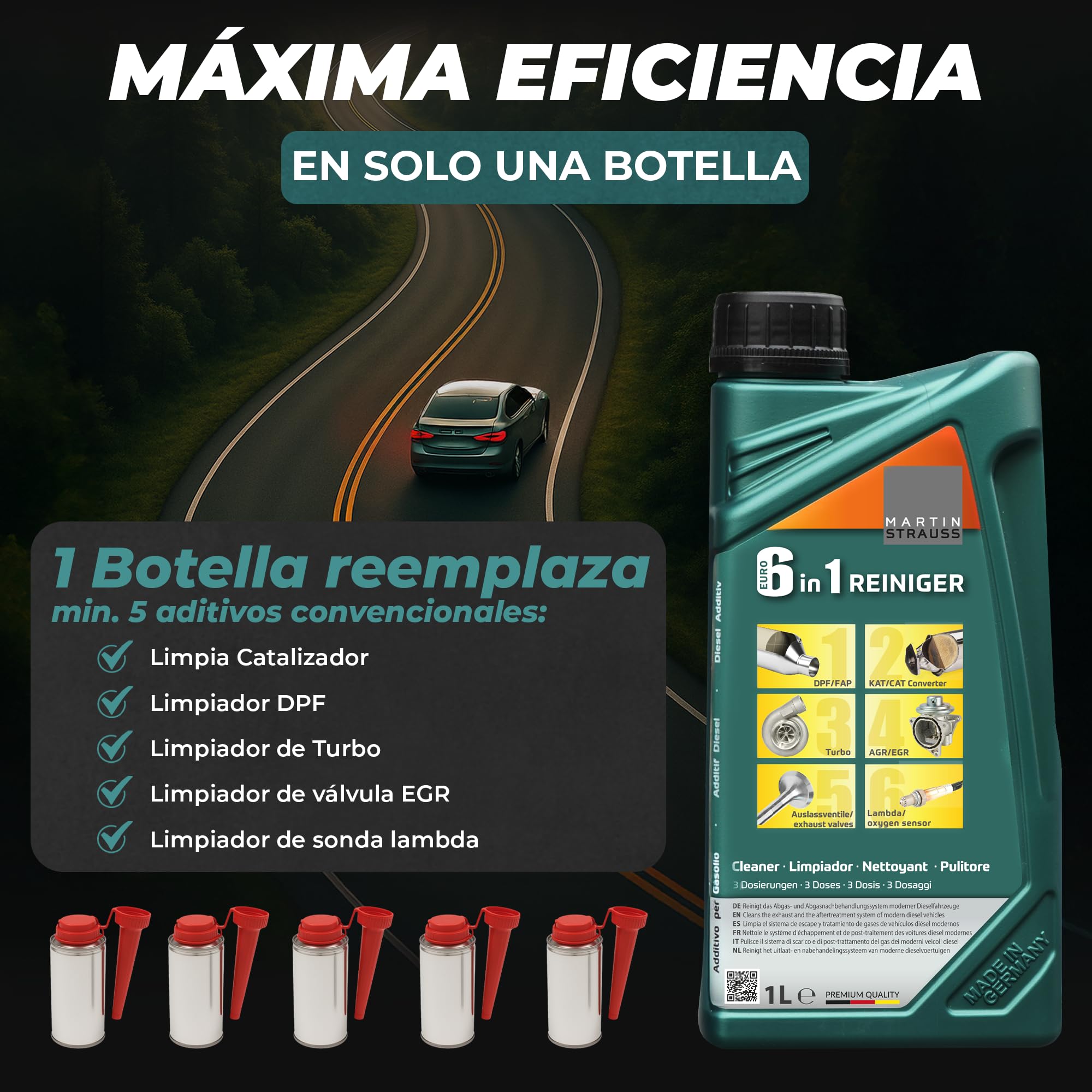 MARTIN STRAUSS Limpiador Diesel Euro 6 en 1. Descarboniza el sistema de escape: Válvula EGR, Turbo, Cat, DPF, Lambda. 1 Litro, 3 Dosis