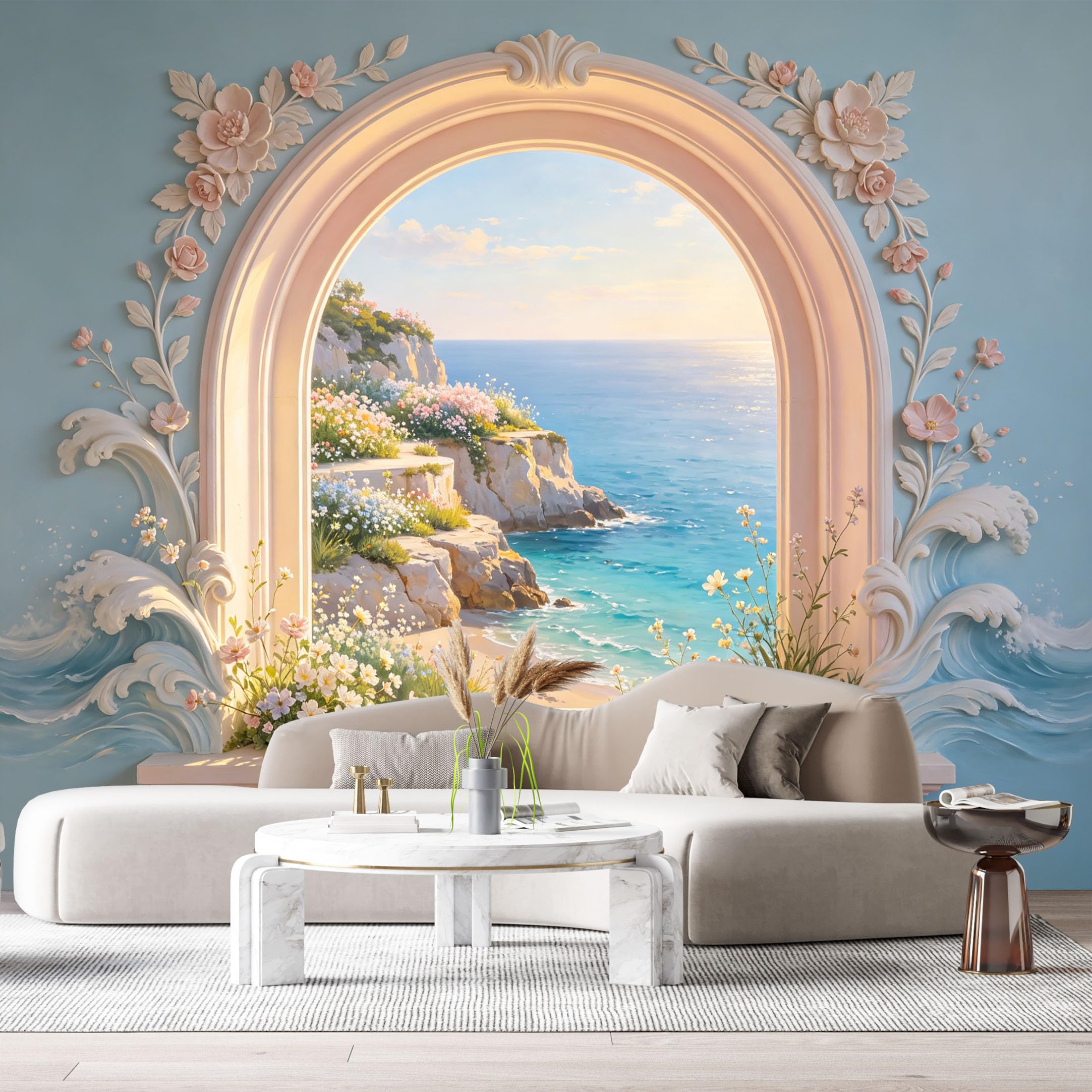 Custom Size Wall Murals Coastal Ocean View Floral Arch 3D Trompe L'Oeil SelfAdhesiveWall Fabric Removable Wallpaper Wall Decor for Living Room Bedroom Bathroom