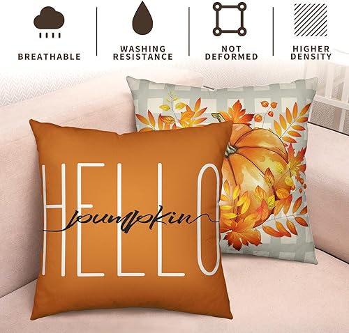 Miniatura 4 de Juego de 2 fundas de almohada decorativas de otoño de 24 x 24 pulgadas, hojas de arce y calabaza, fundas de almohada decorativas de lino otoñal a
