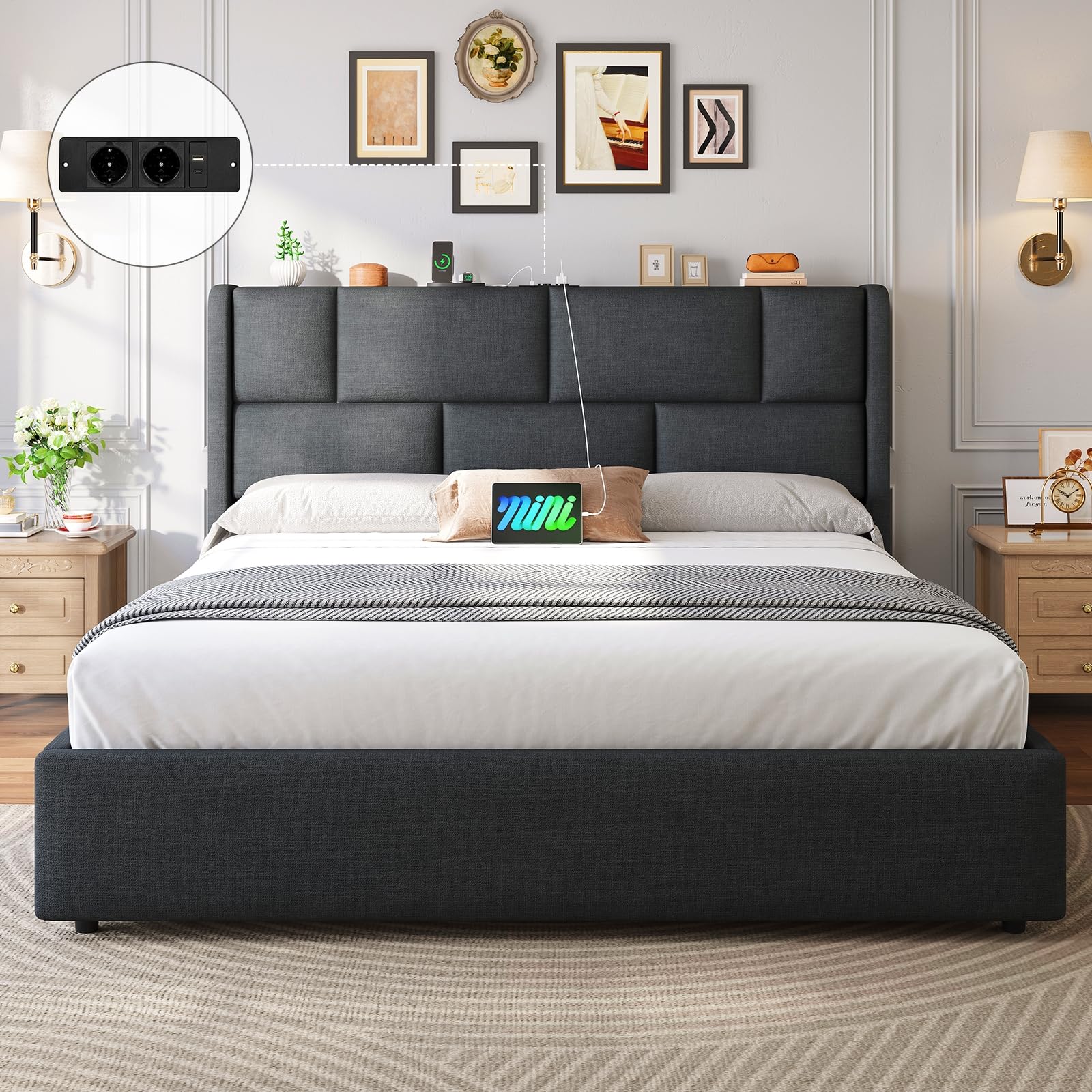 Brinlawb Lit Coffre 160x200 cm avec Rangement, système hydraulique, Cadre de lit 160x200 avec sommier et multiprise, lit Double 160x200 cm avec tête de lit réglable en Hauteur, lit 2 Personnes, Gris
