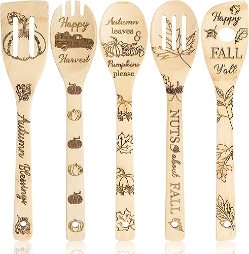 Eartim Juego de 5 cucharas de madera con temática otoñal, utensilios de cocina de calabaza de otoño, espátula antiadherente, cucharas de bambú