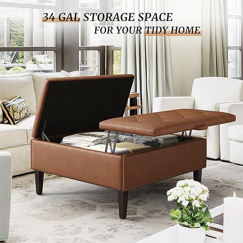 Miniatura 4 de Mesa auxiliar otomana de almacenamiento, otomana cuadrada de lino de 36 pulgadas con almacenamiento, banco de remaches de almacenamiento grande para