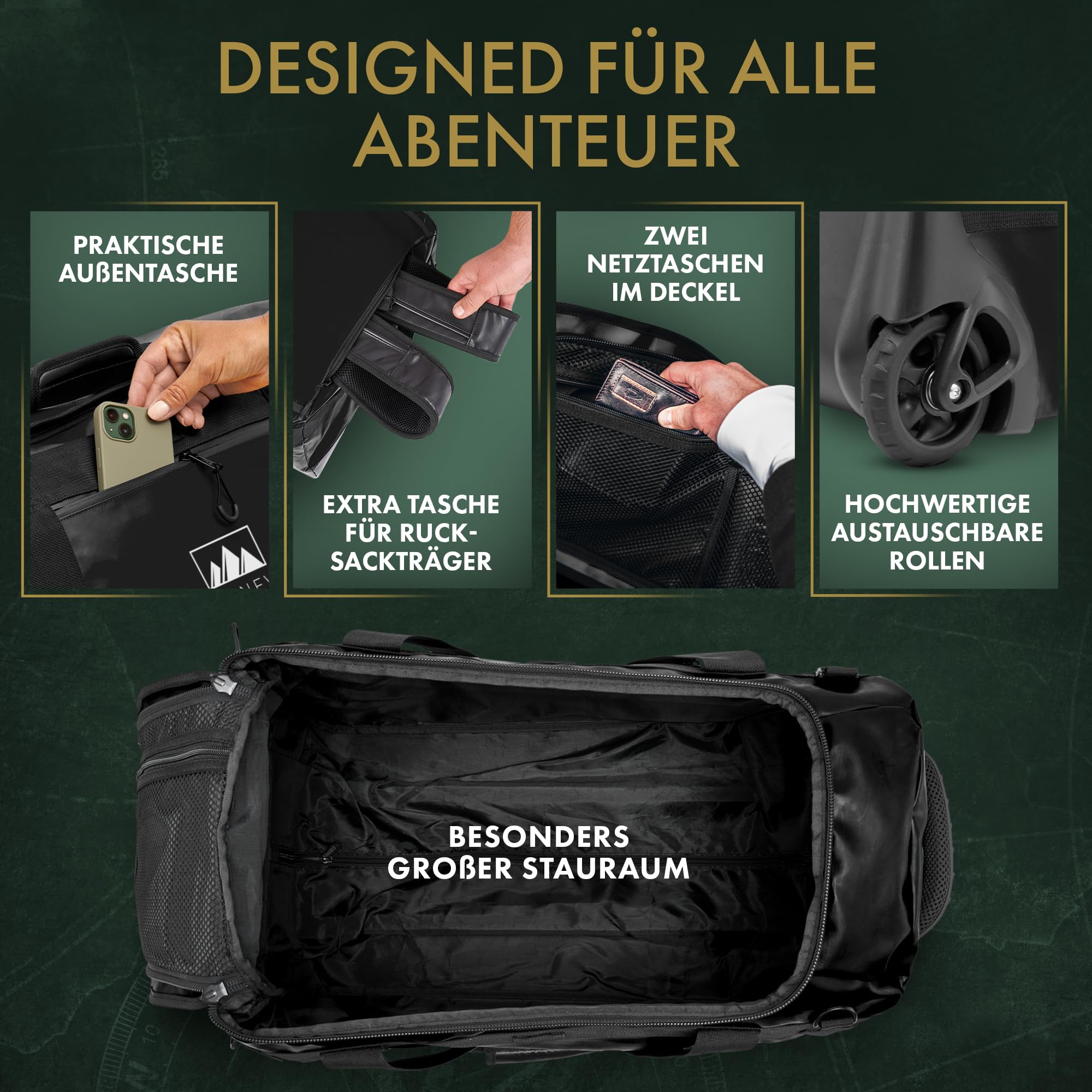 BEN NEVIS Reisetasche mit Rollen – 3in1 Tasche Trolley & Rucksack [60L Groß] Travel Bag Reisekoffer Duffle Bag Sporttasche Rollen Reisetaschen Koffer | Luggage | Reisetasche Damen & Herren