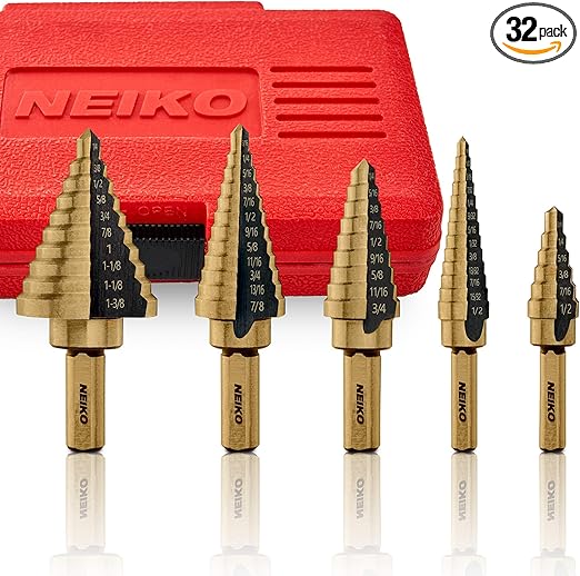 NEIKO 10197A Step Drill Bit Set, 50 SAE Sizes Total, 1/8” – 1-3/8” Standard Titanium High Speed Steel Unibit, Stepper Cone Drill Bit, Two Flute Step Down Bits, 5 Piece (Pack of 32)