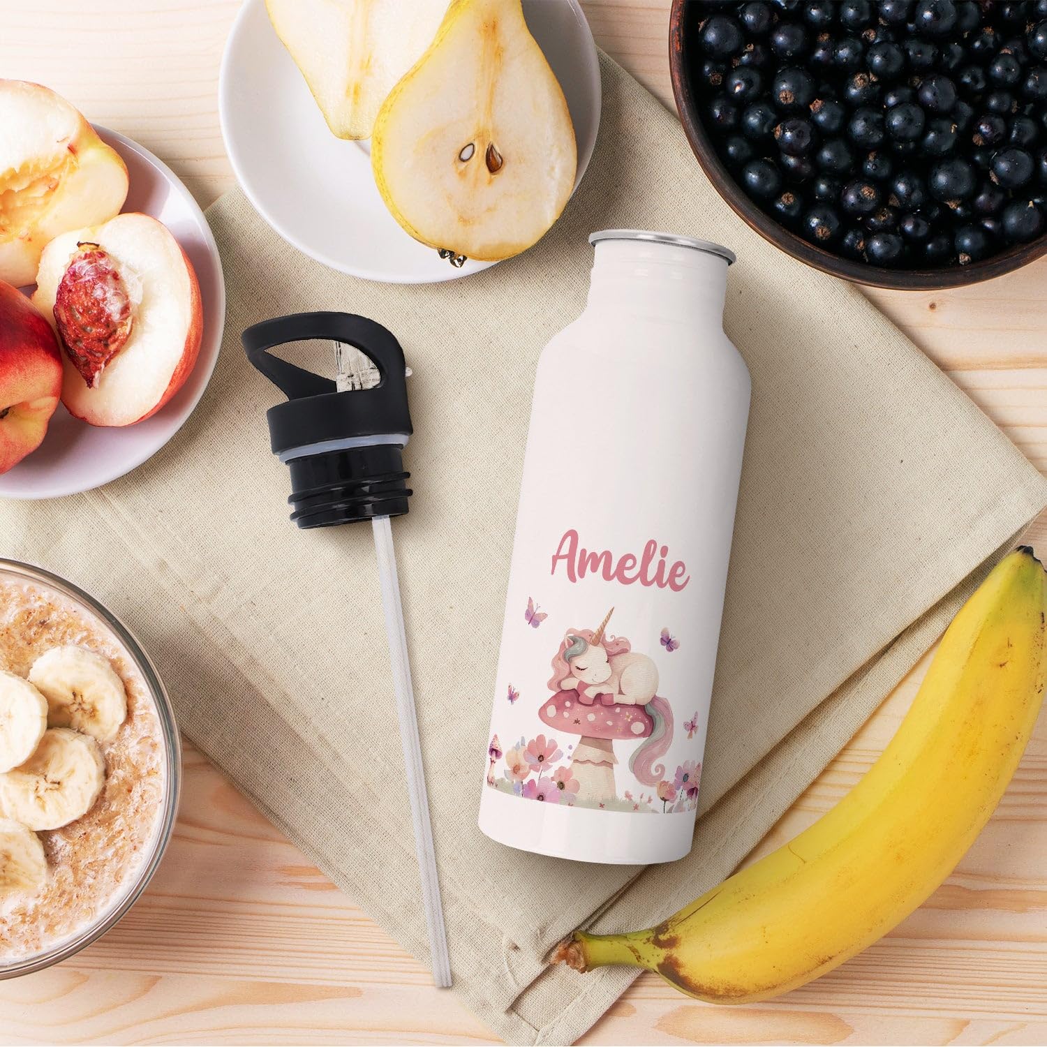 GRAVURZEILE - Bedruckte Trinkflasche & Brotdose Set - Schlafendes Einhorn - Personalisiert mit Namen - Edelstahl Trinkflasche 600 ml, Brotdose mit Deckel - Geschenk zur Einschulung für Mädchen