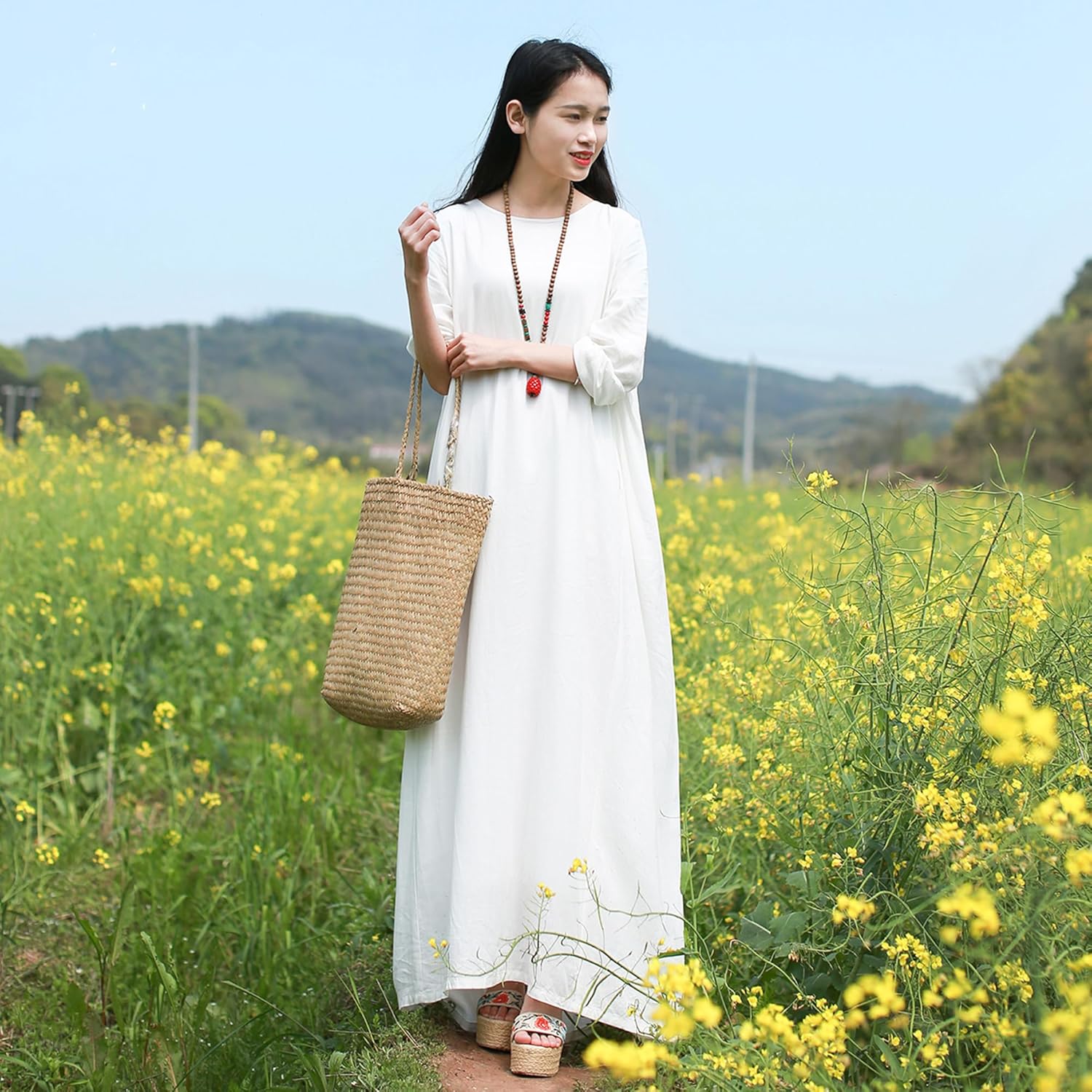 Women's White Cotton Linen Maxi Dress Long Sleeve Round Neck Flowy A Line Casual Dresses with Pockets - Image 3