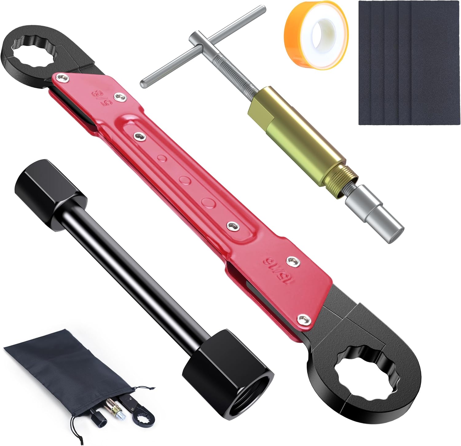 10PCS Angle Stop Valve Tool Kit with 2-in-1 Wrench – 15/16" & 5/8" Nut Wrench for Removal + 3/8" & 1/2" NPT for Installation, 1/2" Compression Sleeve Puller, Sandpaper & Tape