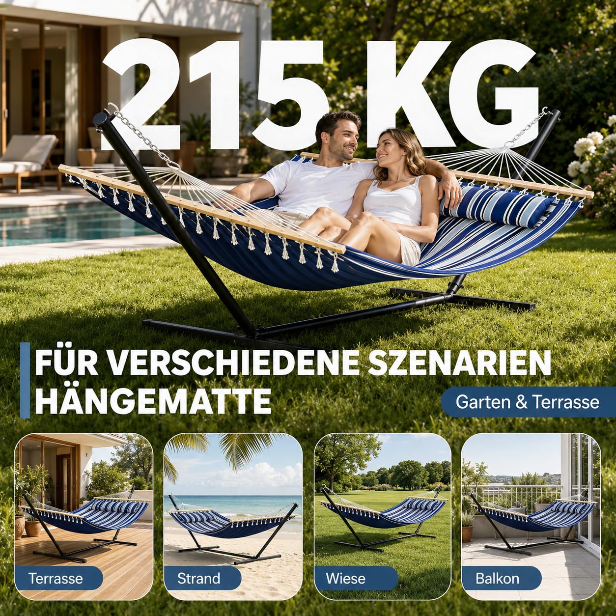 Doppelhängematte mit Gestell für 2 Personen, 290× 150 cm (L× B) | Inkl. Tragetasche | Stahlgestell Bis 215 kg | Robuster Stahlrahmen | Für Terrasse, Balkon, Veranda, Garten Und Schlafzimmer