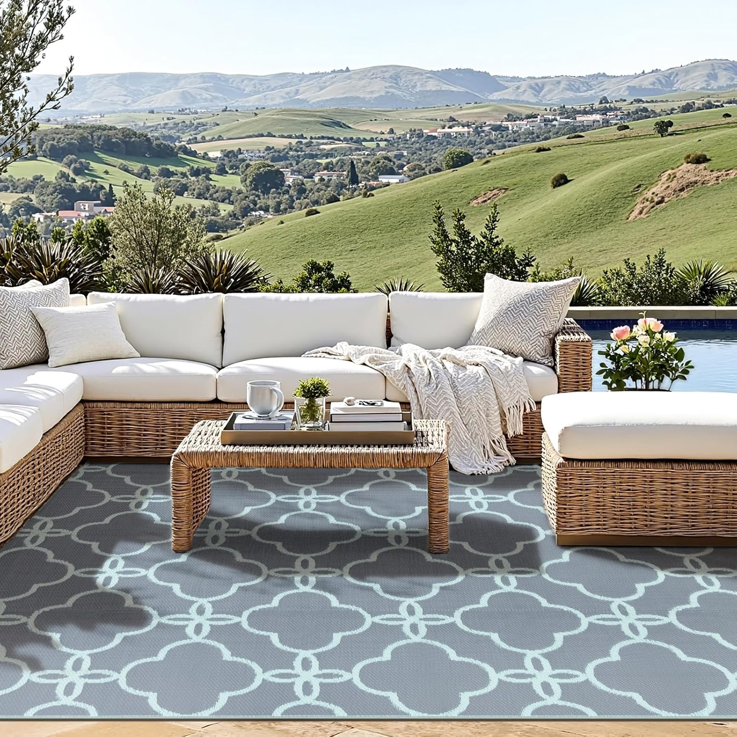 Ashler Outdoor Plastic Straw Rug Waterproof for Patio, Clearance Reversible Camping Mats, 9x12 Large Outdoor Area Rugs with Carrying Bag, for RV, Picnic, Backyard, Indoor, Grey Blue