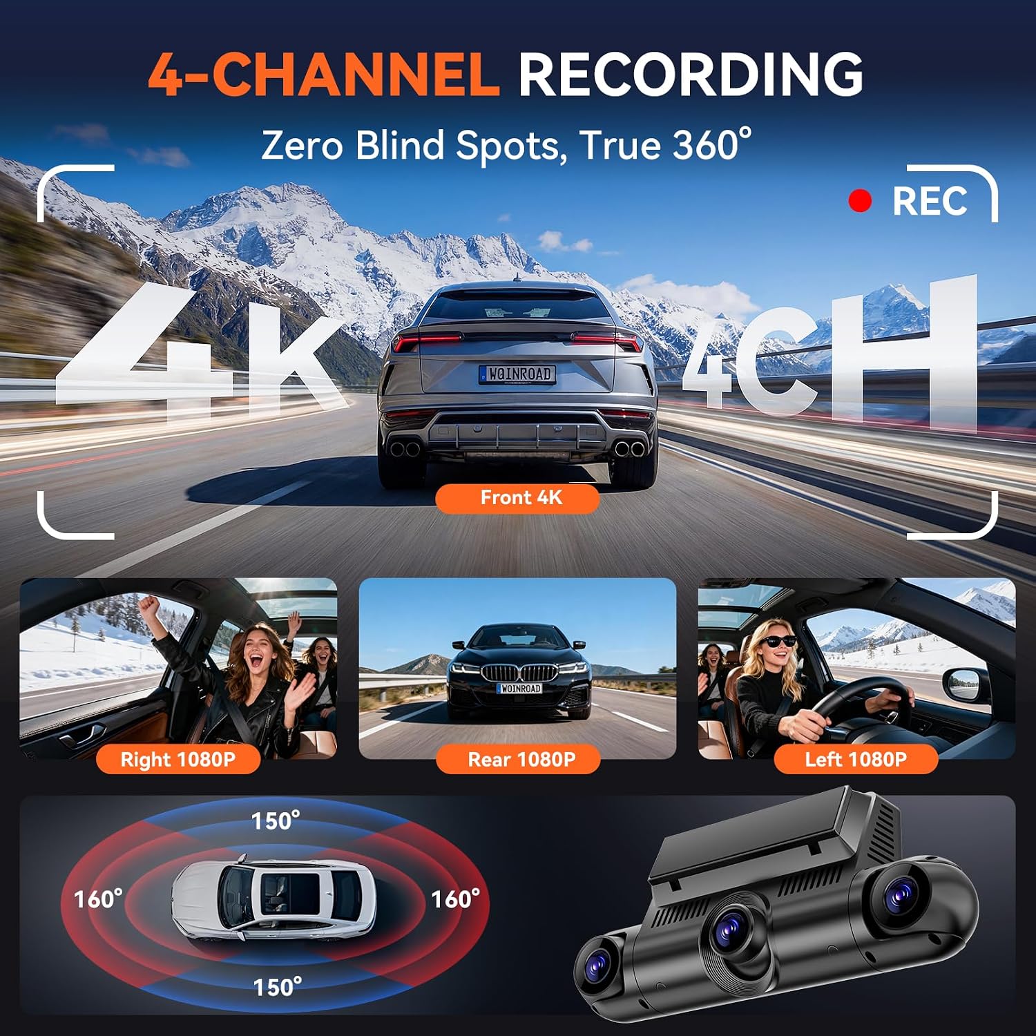 4K 360° Dash Cam, 4-Channel Dash Camera Front Rear Left Right with GPS | 128GB Card Included, Built-in 5.8GHz Wi-Fi & App, 8 IR Night Vision, G-Sensor, 24H Parking Mode(Supports 256GB Max) 3 81MHdkd2CgL. AC SL1500