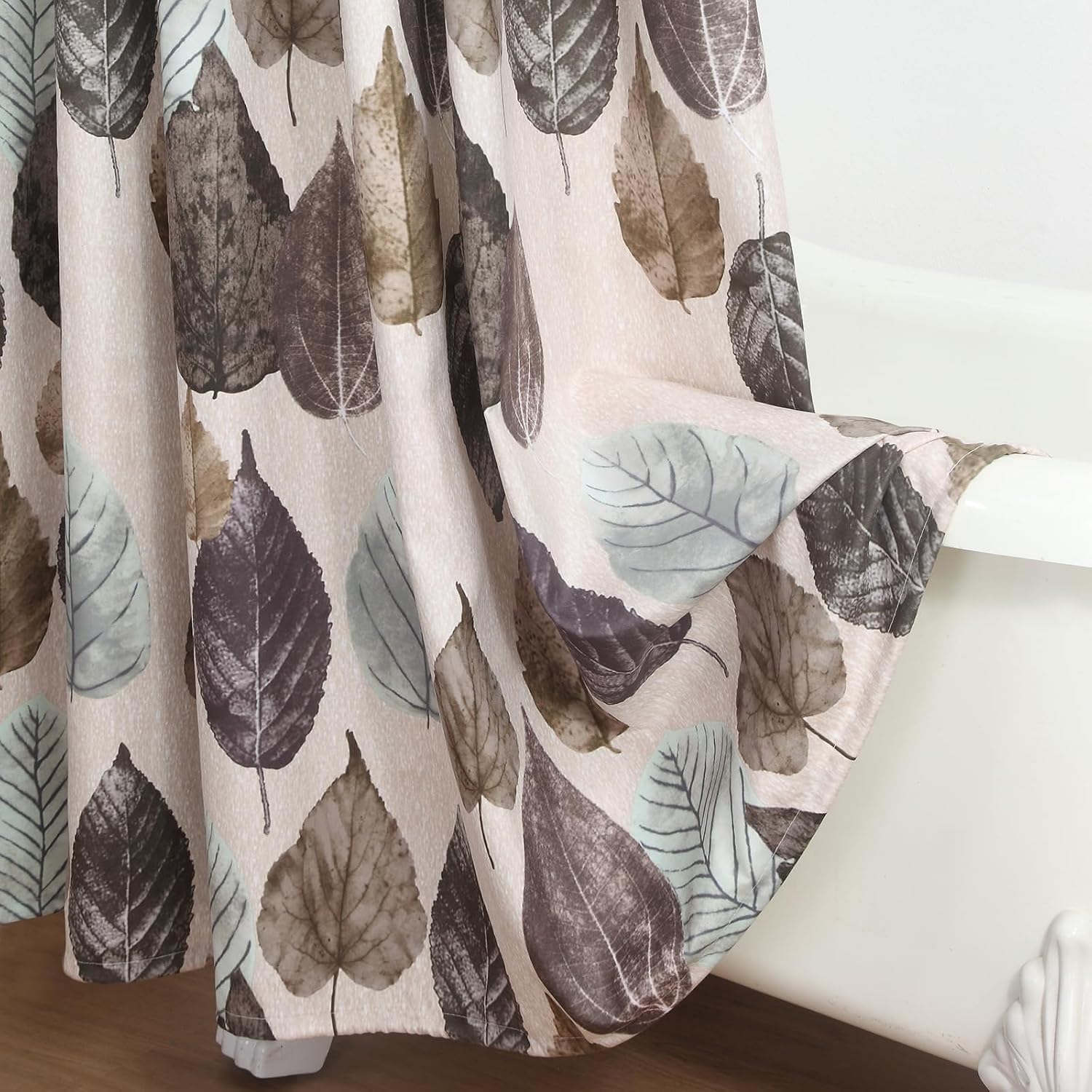 Beige Shower Curtain 72x78 Inches Long, Waterproof Linen-Tone Fabric with Realistic Brown & Green Leaf Print, 12 Metal Grommets & Weighted Hem