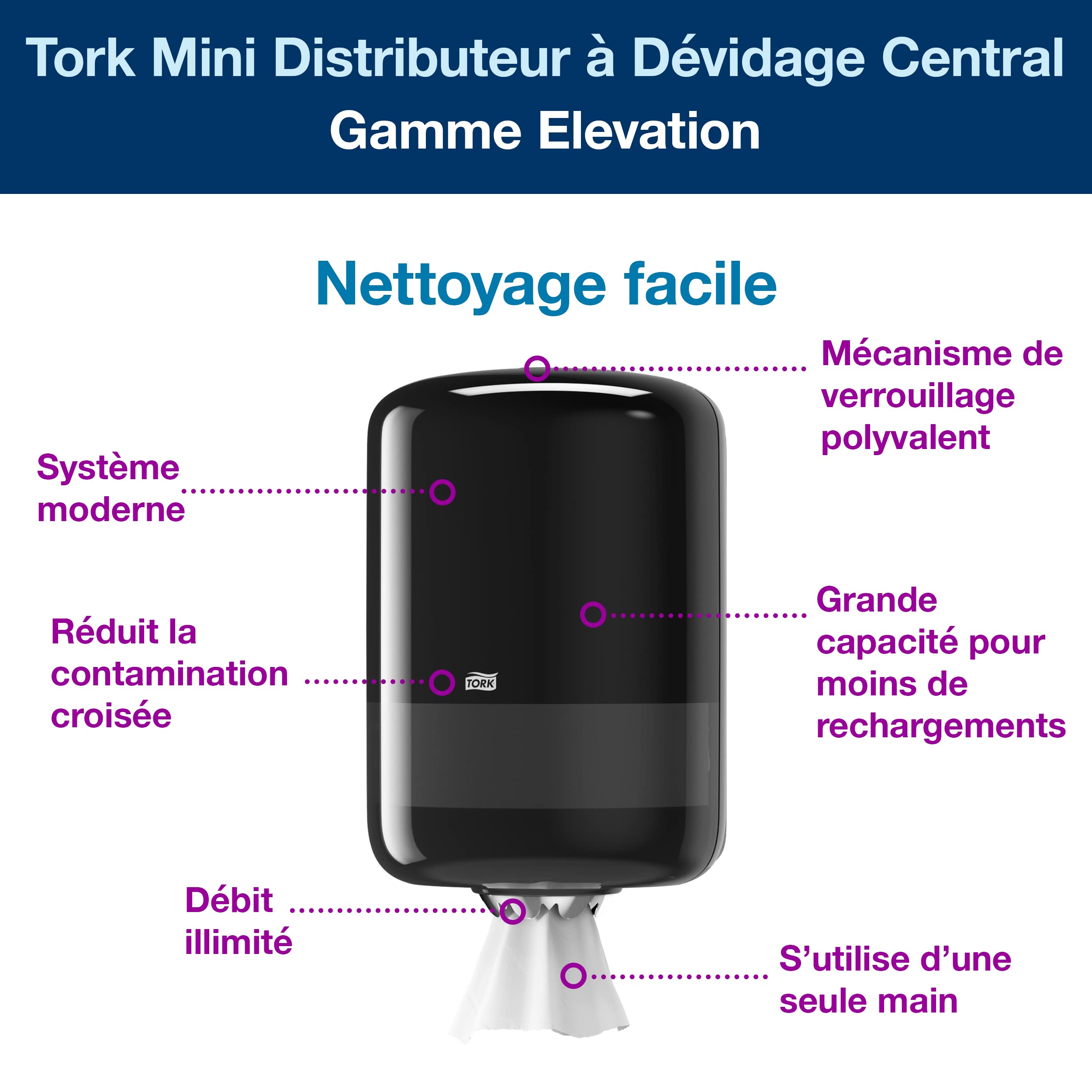 Tork Distributeur à Dévidage Central noir M2, utilisable d'une seule main, gamme Elevation, 559008, Taille unique
