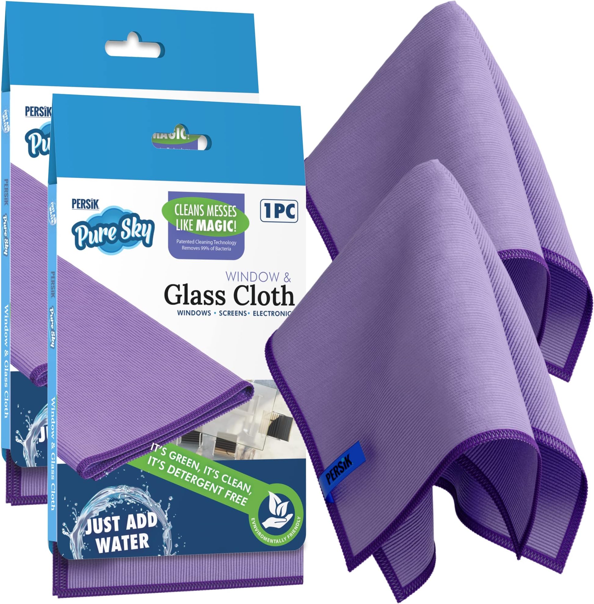 Pure-Sky Window Glass Cleaning Cloth - JUST ADD Water No Detergents Needed - Streak Free Magic Ultra Microfiber Window Towel - for Windows, Glass, Mirror and Screen - Leaves no Wiping Marks - 2 Pack