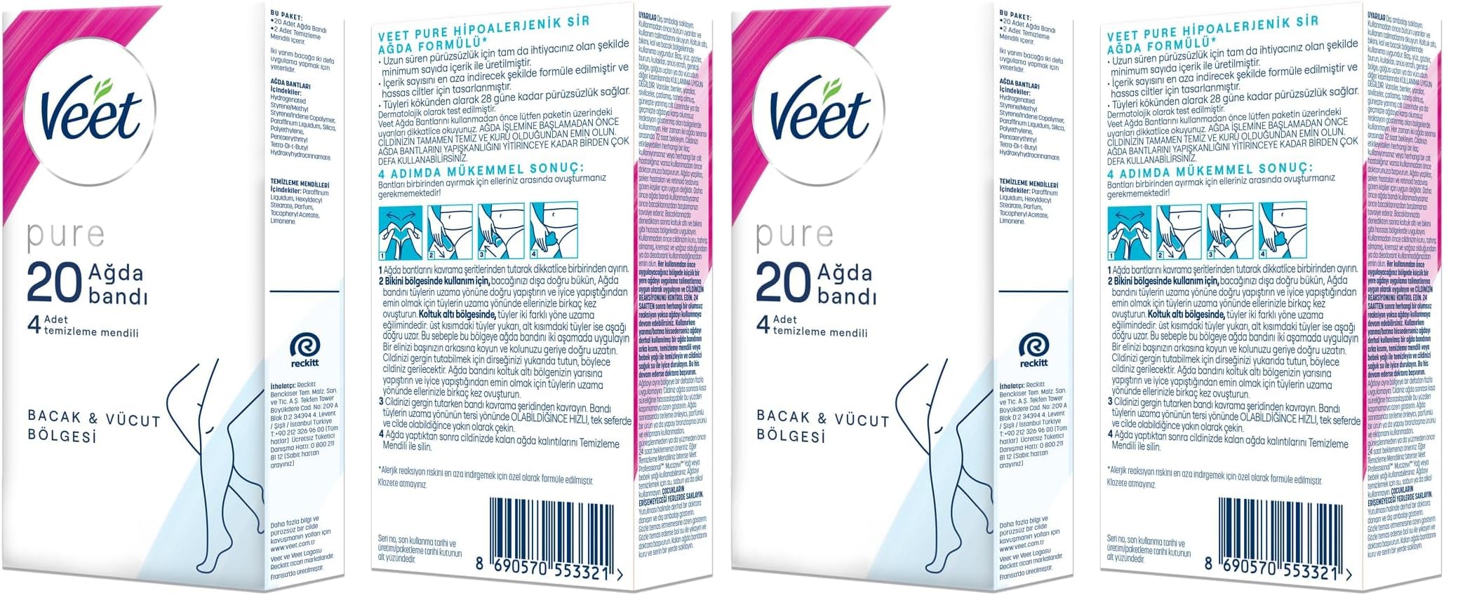 Veet Pure Hipoalerjenik Bacak & Vücut Bölgesi için Parfümsüz Sir Ağda Bandı (1 x 20 Adet) (2 paketi)