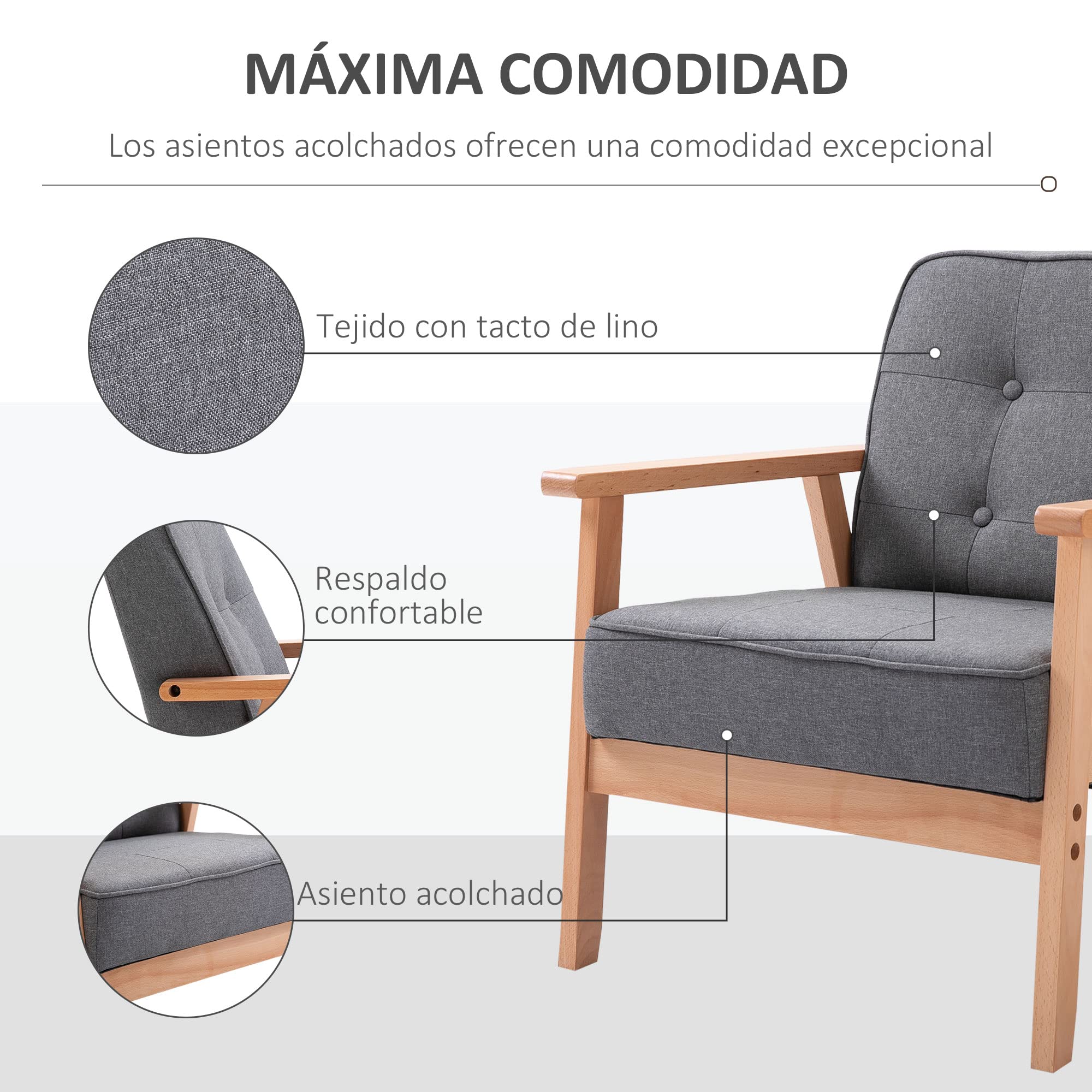 HOMCOM Butaca de Salón Moderno Sillón Individual Tapizado en Lino con Asiento Acolchado y Marco de Madera para Oficina Dormitorio Carga 120 kg 65x69x78 cm Gris