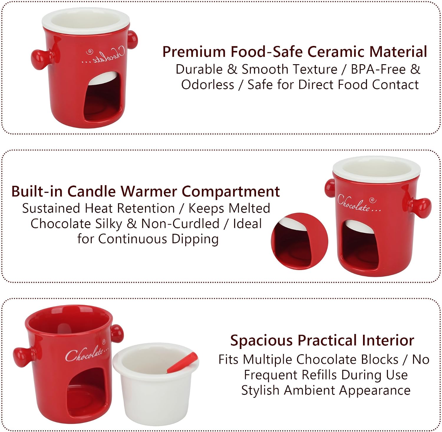 Red Mini Fondue Cup with Fork - Multi-Use for Chocolate, Cheese & Butter - Great Gift for Valentine’s Day, Date Night, Wedding & Birthday