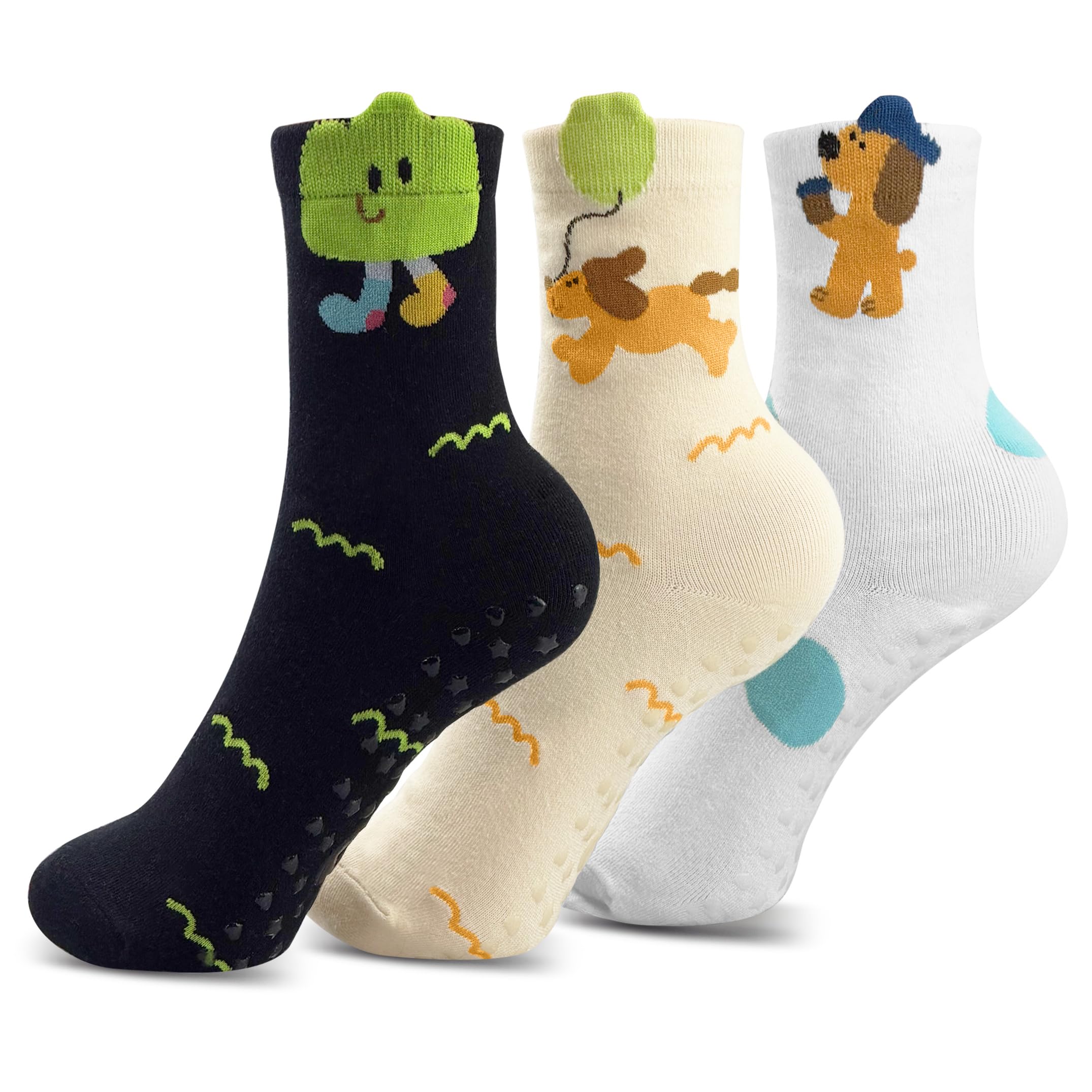Xphzzl Unisex Cartoon 3 Pairs Pilates Socks, Cute Dog Yoga Socks Non Slip Women, Pilates Sets For Gym Ballet Barre Reformer, Size Uk 3-7