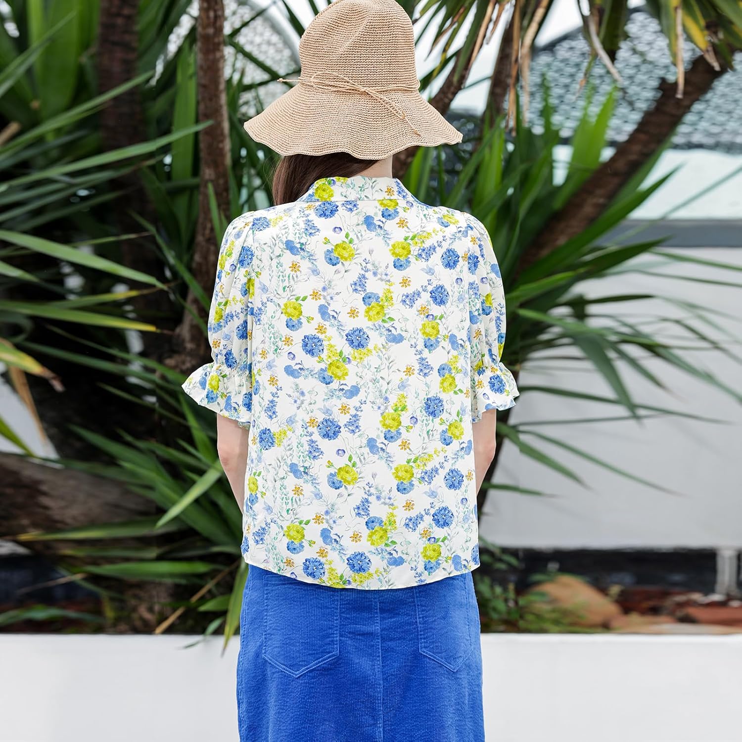 100% Silk Blouse for Women Short Sleeve Ruffle Button Down Shirt Business Dressy Casual Summer Floral Printed Tops - Image 2