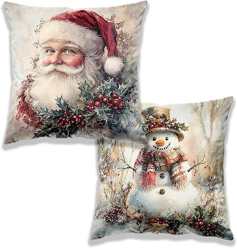 Juego de 2 fundas de almohada vintage de invierno de 18 x 18 pulgadas, decoración del hogar de Navidad, diseño retro de invierno, Papá Noel, muñeco