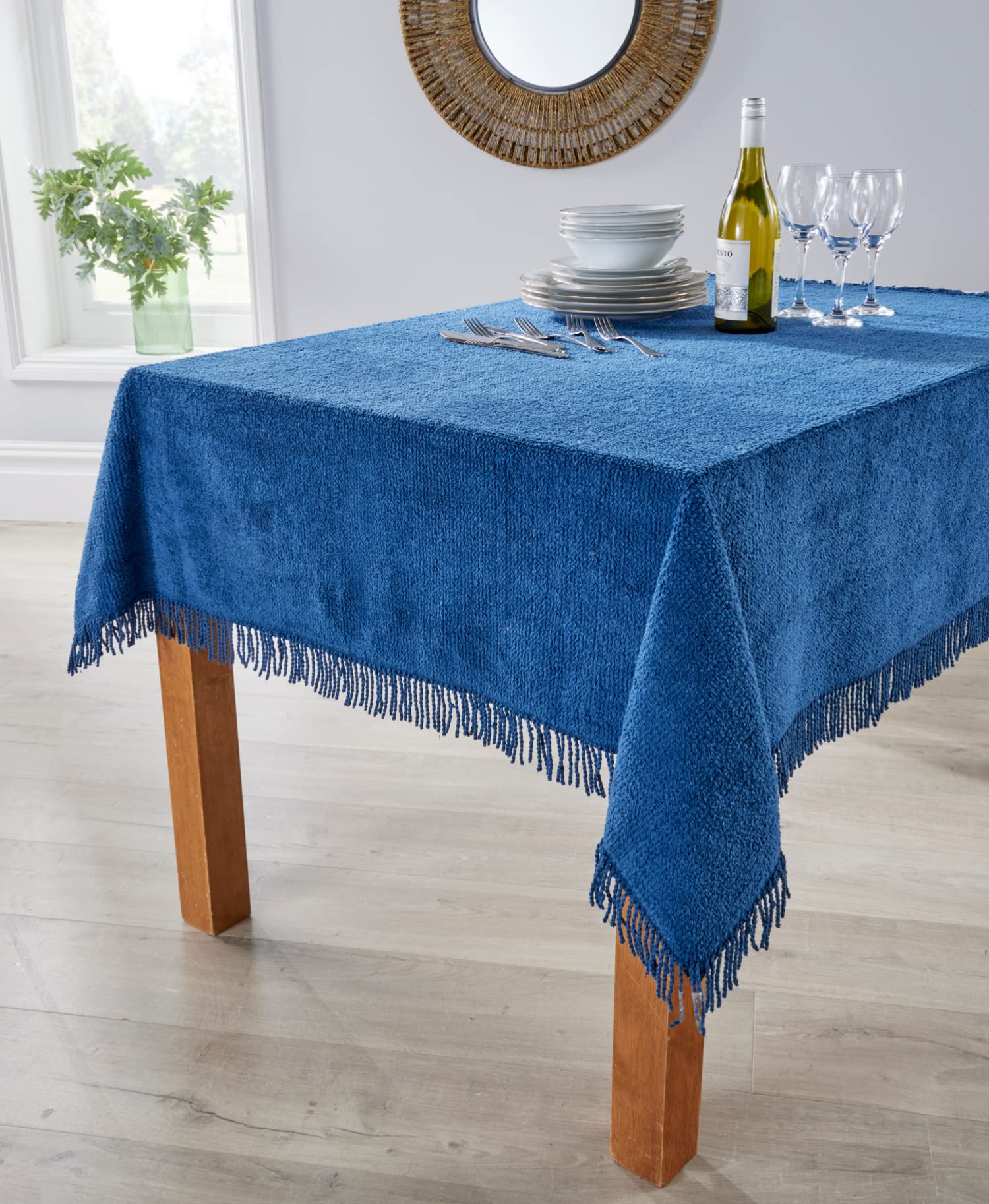 Diana Cowpe Navy Chenille Fringed Tablecloths | 100% Pure Cotton | Traditional Design | Opulent & Heavy | Many Colours & Sizes (137X229 (54X90) Rectangular, )