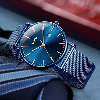 BUREI Ultra Dünne Uhren Herren mit Japanischem Quarzwerk – Nur 66mm Flache Armbanduhr Herren aus Edelstahl-Mesh wasserdicht Minimalistische Herrenuhr für Sport & Freizeit Geschenk für Männer