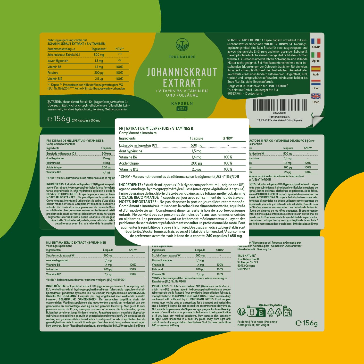 Millepertuis - 5000mg (10:1) par unité | 240 Gélules pour 8 Mois | Bonne Humeur, Anti-Stress & Sommeil | + Vitamines B6, B12 & Acide Folique | Sans Additifs, Gluten & Lactose | TRUE NATURE