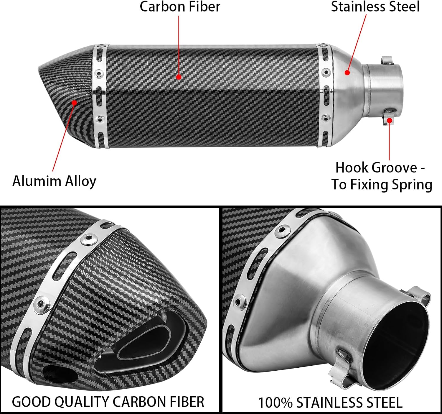 Slip On Exhaust, 1.5-2" Universal Carbon Fiber Muffler for Dirt Bike, Street Bike, Scooter, ATV - Removable DB Killer, Complete Kit