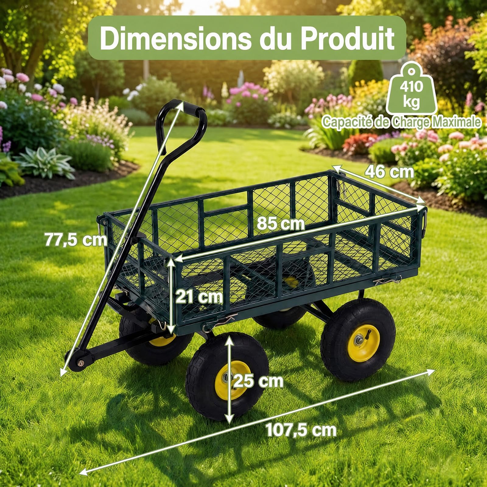 GYMAX Chariot de Transport de Jardin à 4 Roues, Charge Max 410 kg | Panneau de 4 Côtés Amovibles, Poignée Réglable à 120° et Rotative à 270°, Sac de Rangement Intégré, pour Plage Camping