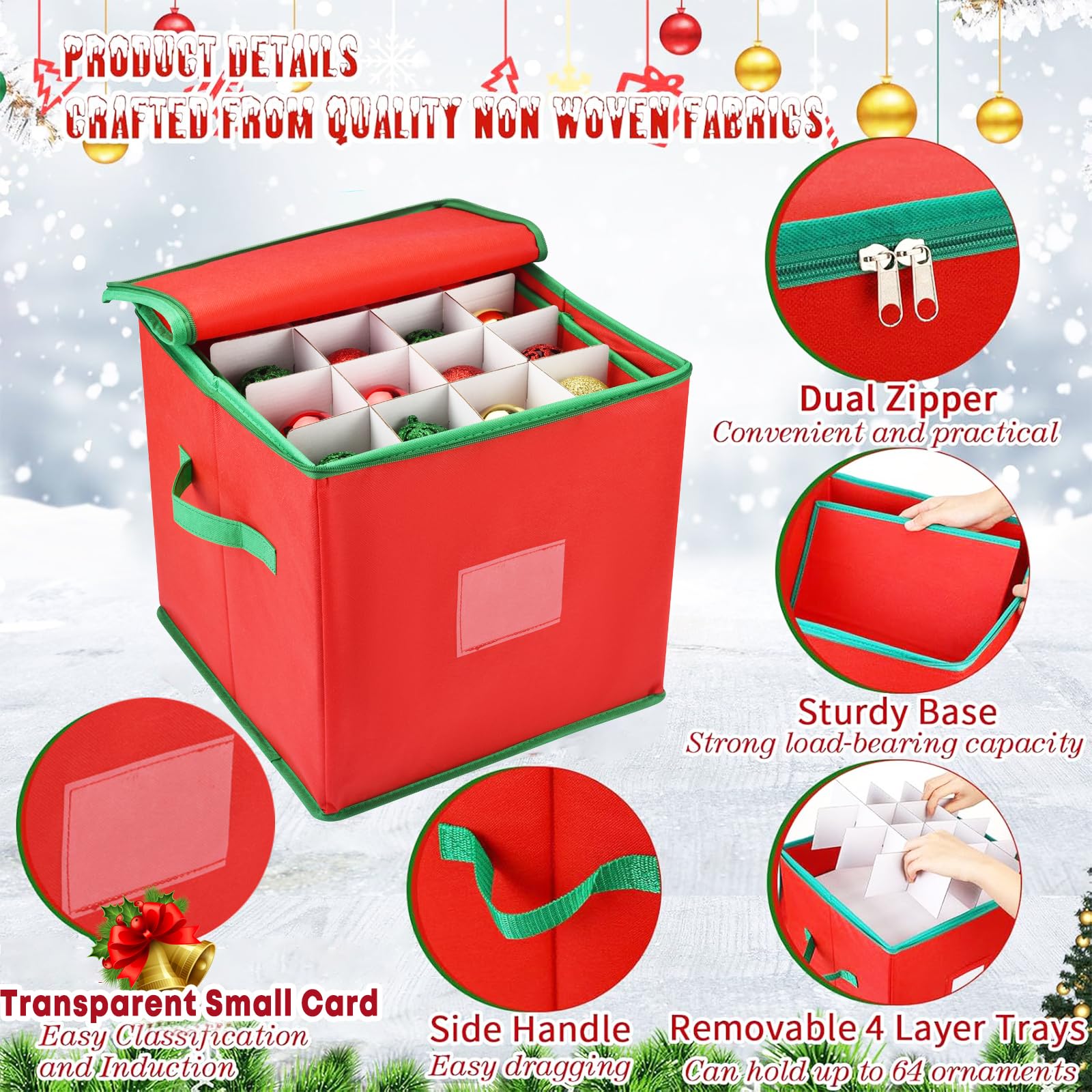 VITEVER Aufbewahrungsbox für Weihnachtskugeln mit Verstellbaren Trennwänden, Aufbewahrungstasche Weihnachten mit 4 Ebenen, Abnehmbar mit Griffen, 64 Kugel-Aufbewahrungsbeutel, 32x32,5x33cm