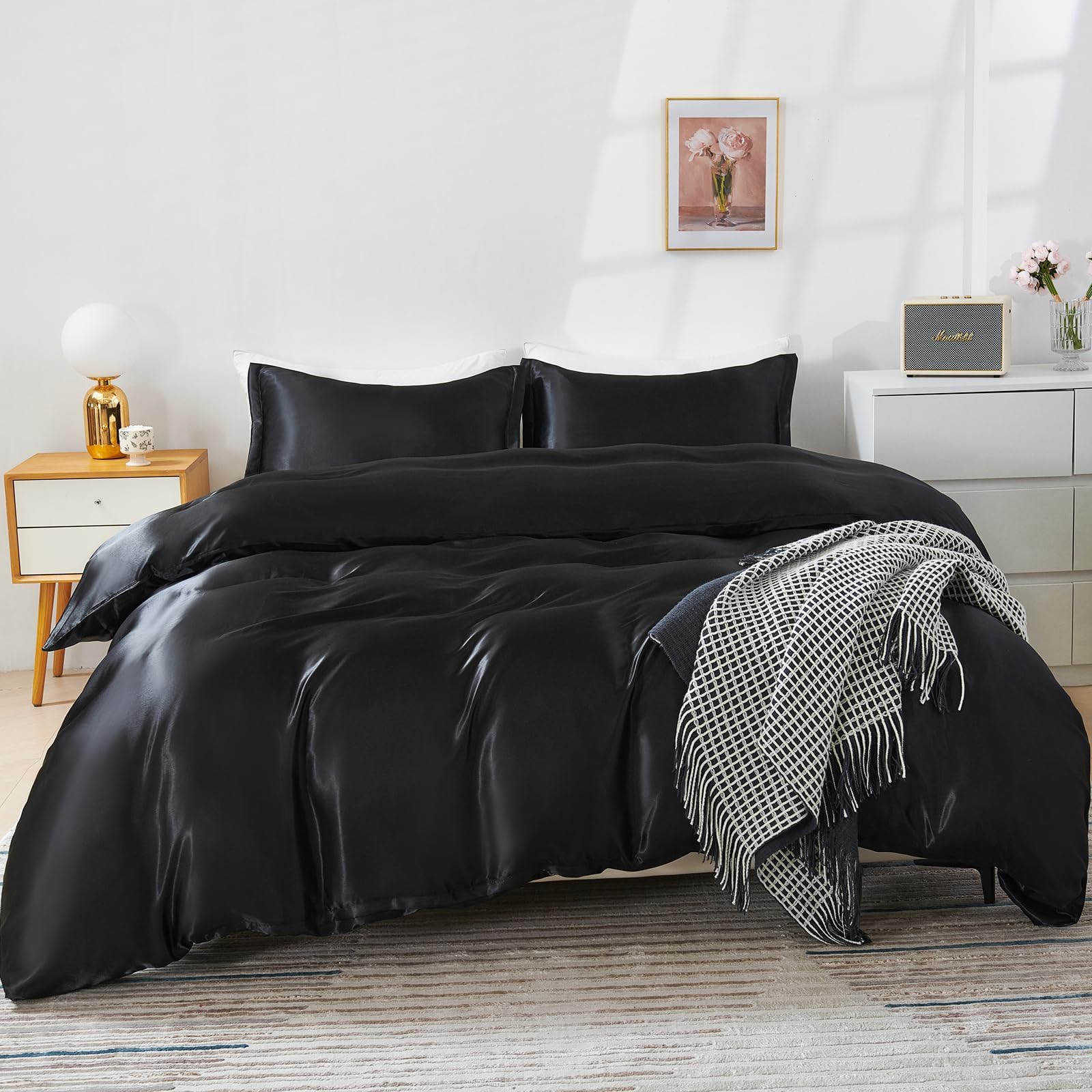 HOdo Home Satin Duvet Cover King Size, 3 Piece Silk Like Comforter Cover, Ultra Soft and Breathable Bedding Set with Zipper Closure & Corner Ties