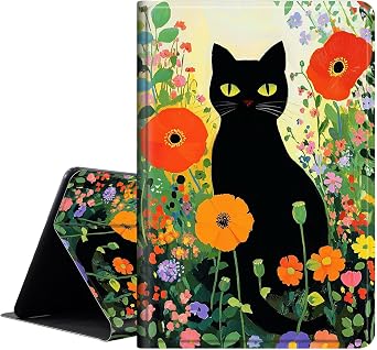 Case for iPad 10.2 Inch 2021/2020/2019 - PU Leather Folio Cover with Auto Sleep Wake,Multi-Angle Viewin,Black Cat Wildflower