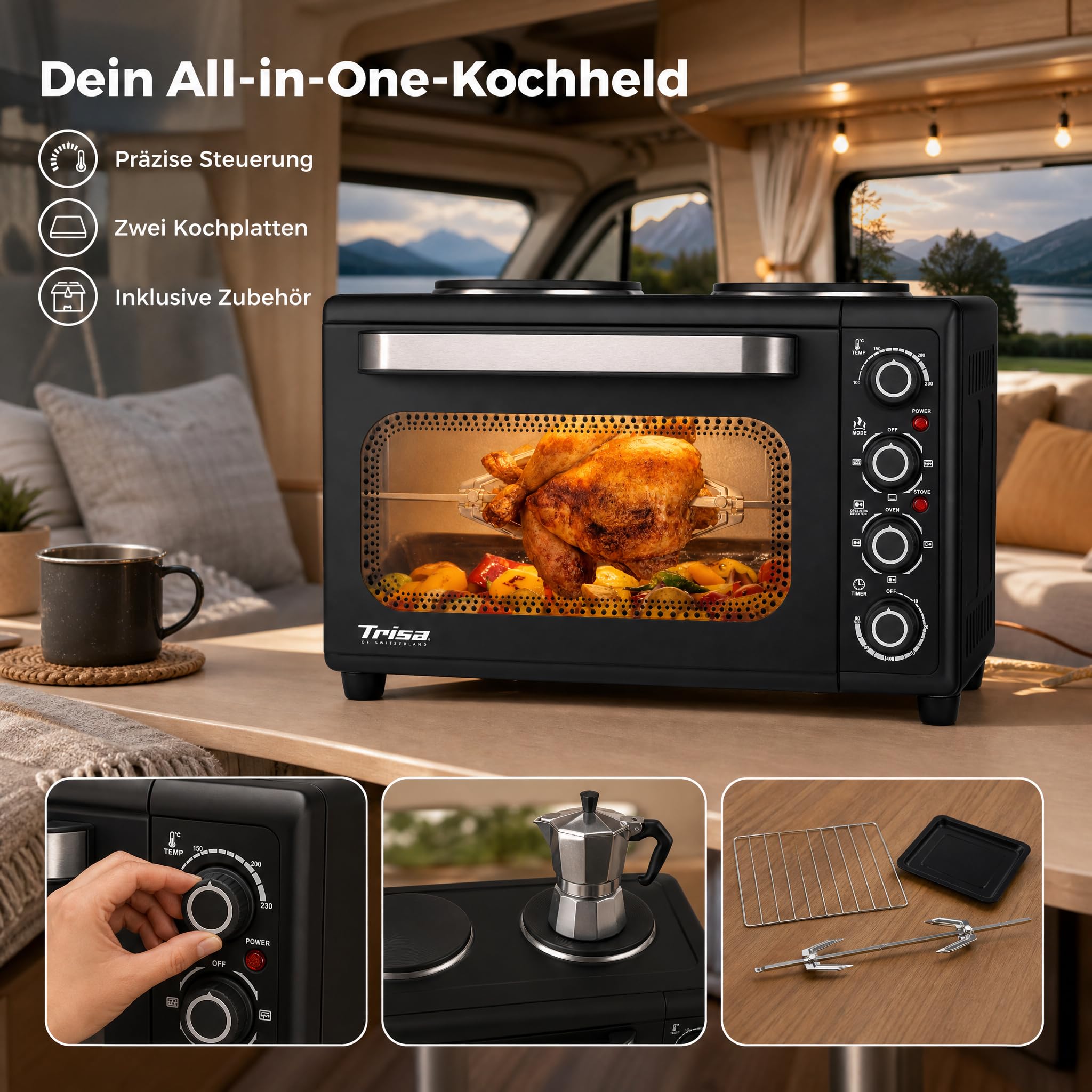Trisa Mini Backofen 30L mit 2 Kochplatten & Drehspieß, Tischbackofen, 230°C | 30L Mini-Backofen, 2 integrierte Kochplatten, Inkl. Rotisserie-Drehspieß, 60-Min-Timer, Ober-/Unterhitze