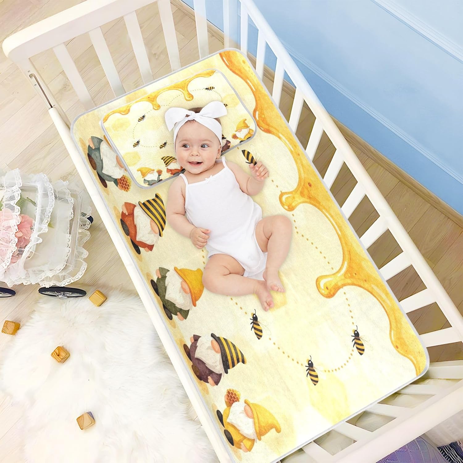 Cooling Baby Waterproof Crib Mattress Protector 28" x 52" Reusable Cute Gnomes Funny Bumble Bee Bed Pads for Kids for Kids, Adult