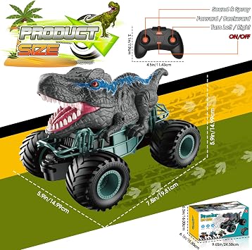 HappyGoLucky Dinosaur Toys for Boys, 1:16 Scale RC Monster Truck Toys with Spray Roar LED Lights, Kids Toys for 4-8 Year Old Boys Gifts, Boys Toys Age 3 4 5 6 7 Christmas Xmas Gifts for Kids Boys