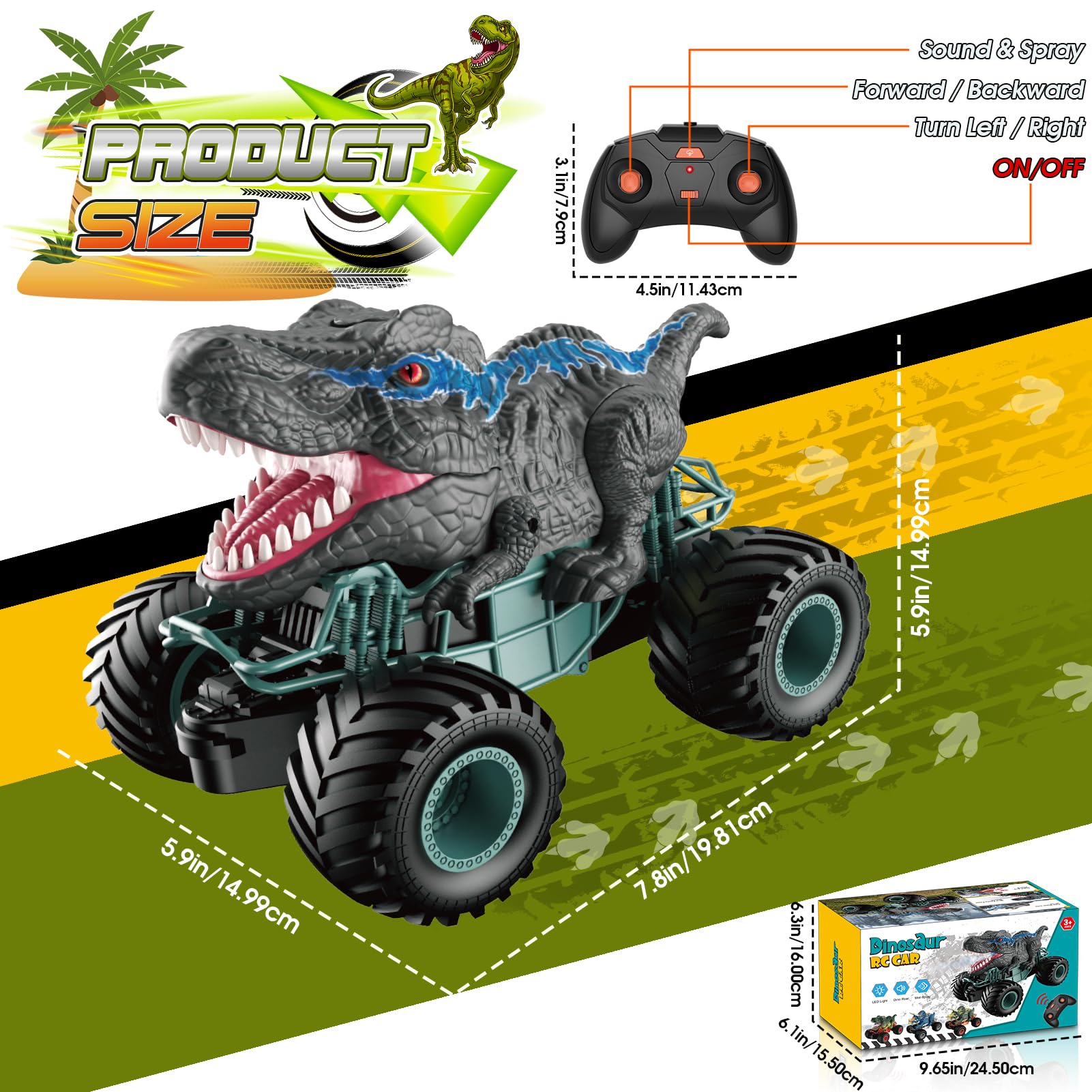 HappyGoLucky Voiture Telecommandé Enfant, Voiture Télécommandée Tout Terrain Dinosaure Jouet Garcon 3 4 5 6 7 8 Ans Jouet Enfant 3-12 Ans Monster Truck - Cadeau de Garcon Fille
