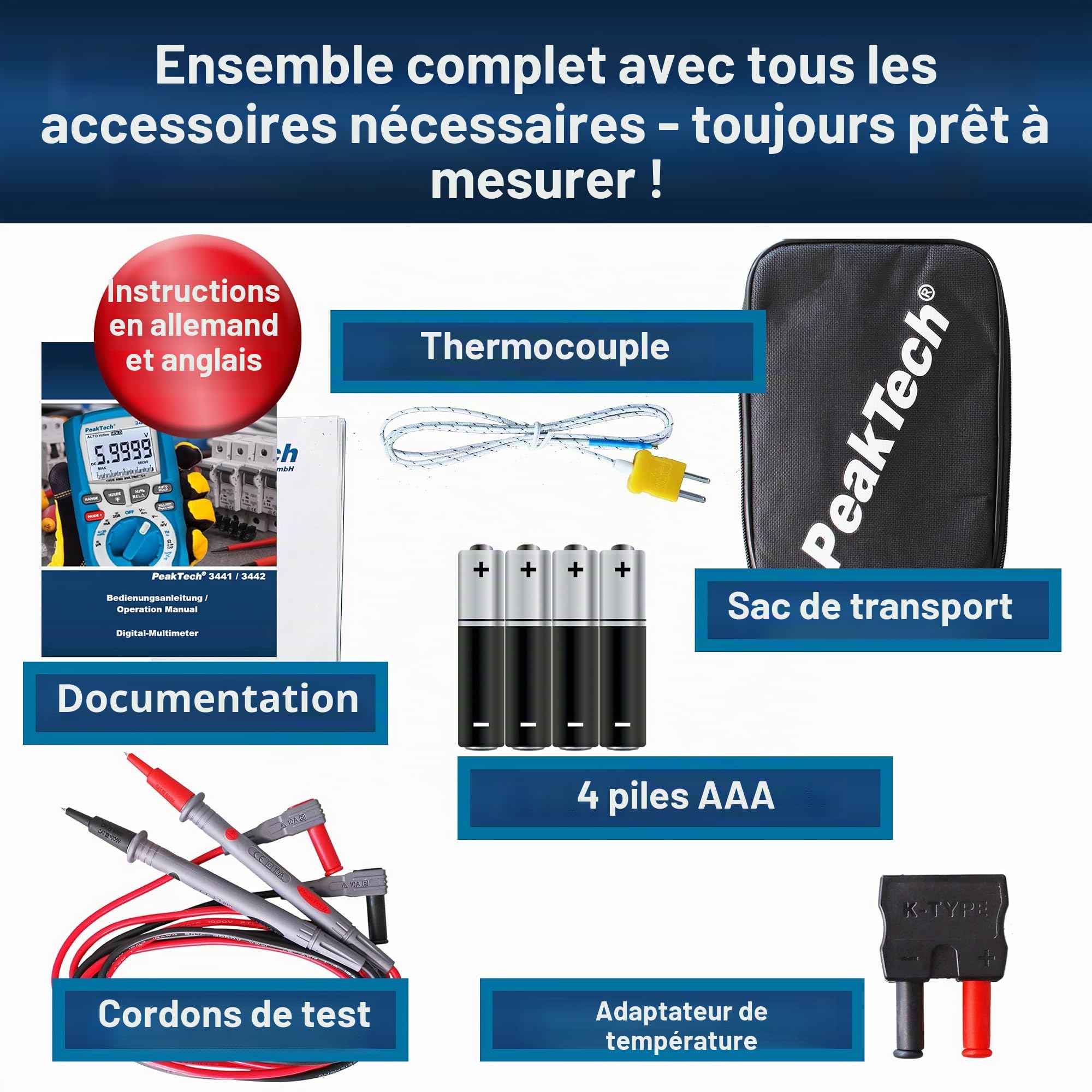 PeakTech 3441 - Multimètre Numérique True RMS pour Électriciens avec 60 000 counts, Multimètre Portable Professionnel pour Lignes Électriques, TÜV/GS, Voltmètre, Testeur de Continuité - CAT III 1000V