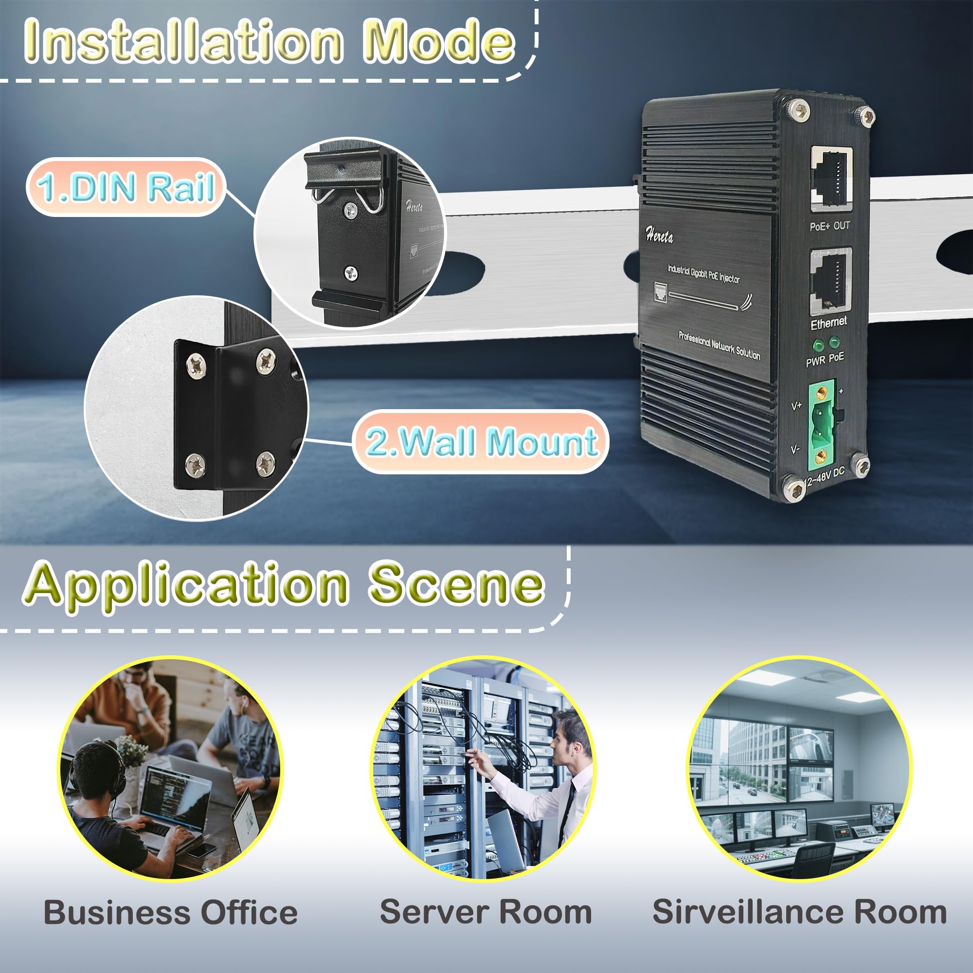 Injecteur Gigabit PoE+ 60 W haute puissance, conforme à la norme IEEE802.3af/at, entrée 12 ~ 48 VDC, boîtier en aluminium IP40 avec protection contre les surtensions, rail DIN, montage mural