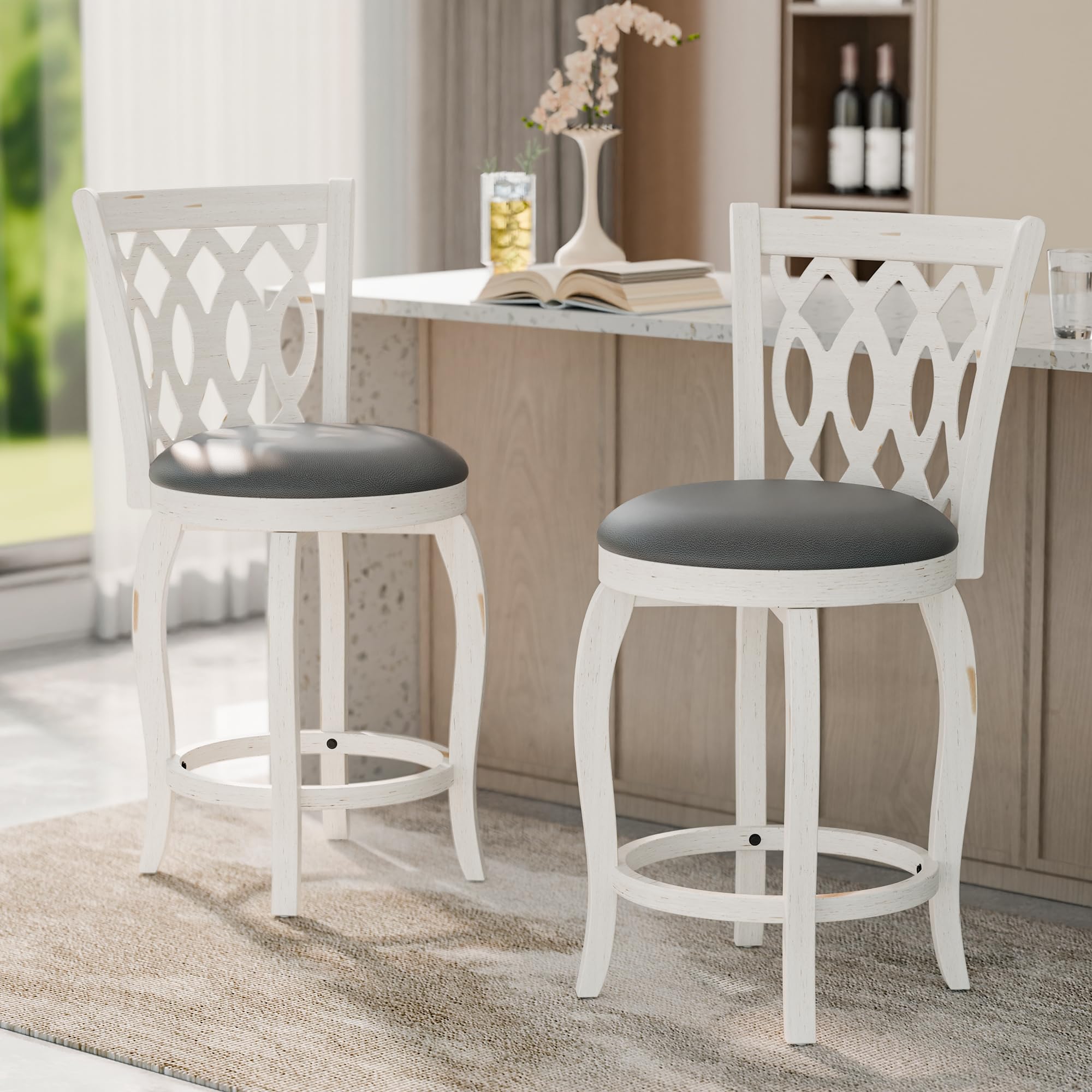 Betterhood Swivel Bar Stools Set of 2, 24 inch Counter Height Farmhouse Barstools with Faux Leather Upholstered Seat and Wooden Footrest, High Back
